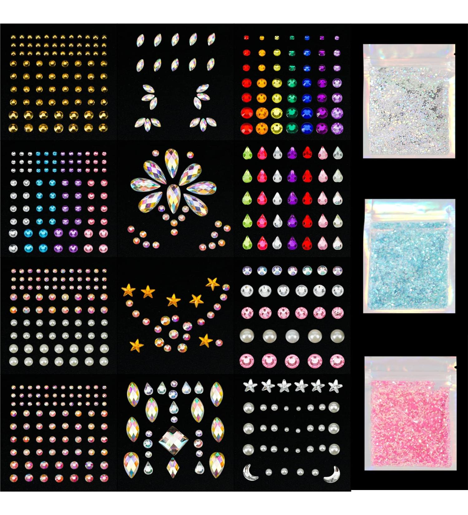 12 Sheets Face Jewels Adhesive Rhinestones Crystal Stickers + 15g Glitter Mix - Mermaid Face Gems and Rave Festival Accessories for Women - Buy Online on GoSupps.com