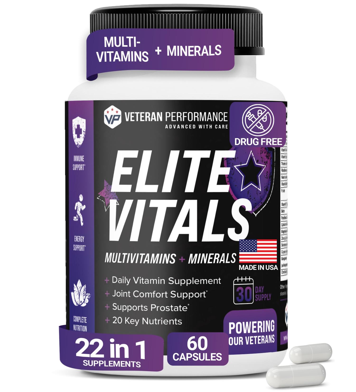 Elite Vitals Mens Daily Multivitamins with Vitamin B12 Gluten Free Immune Support Supplement for Prostate Joint & Energy with Zinc Green Tea +20 Essential Vitamins 60 Caps 60 Count (Pack of 1) - Buy Online on GoSupps.com
