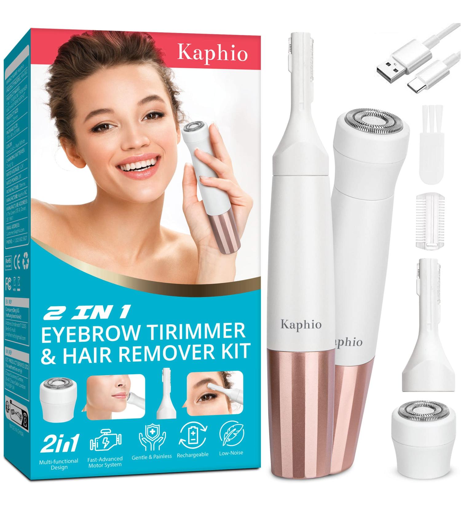 2-in-1 USB Rechargeable Eyebrow Trimmer & Facial Hair Removal Kit for Women - Painless Hair Remover for Face, Peach Fuzz, Lips, Body - Chin, Arms - Buy Online on GoSupps.com