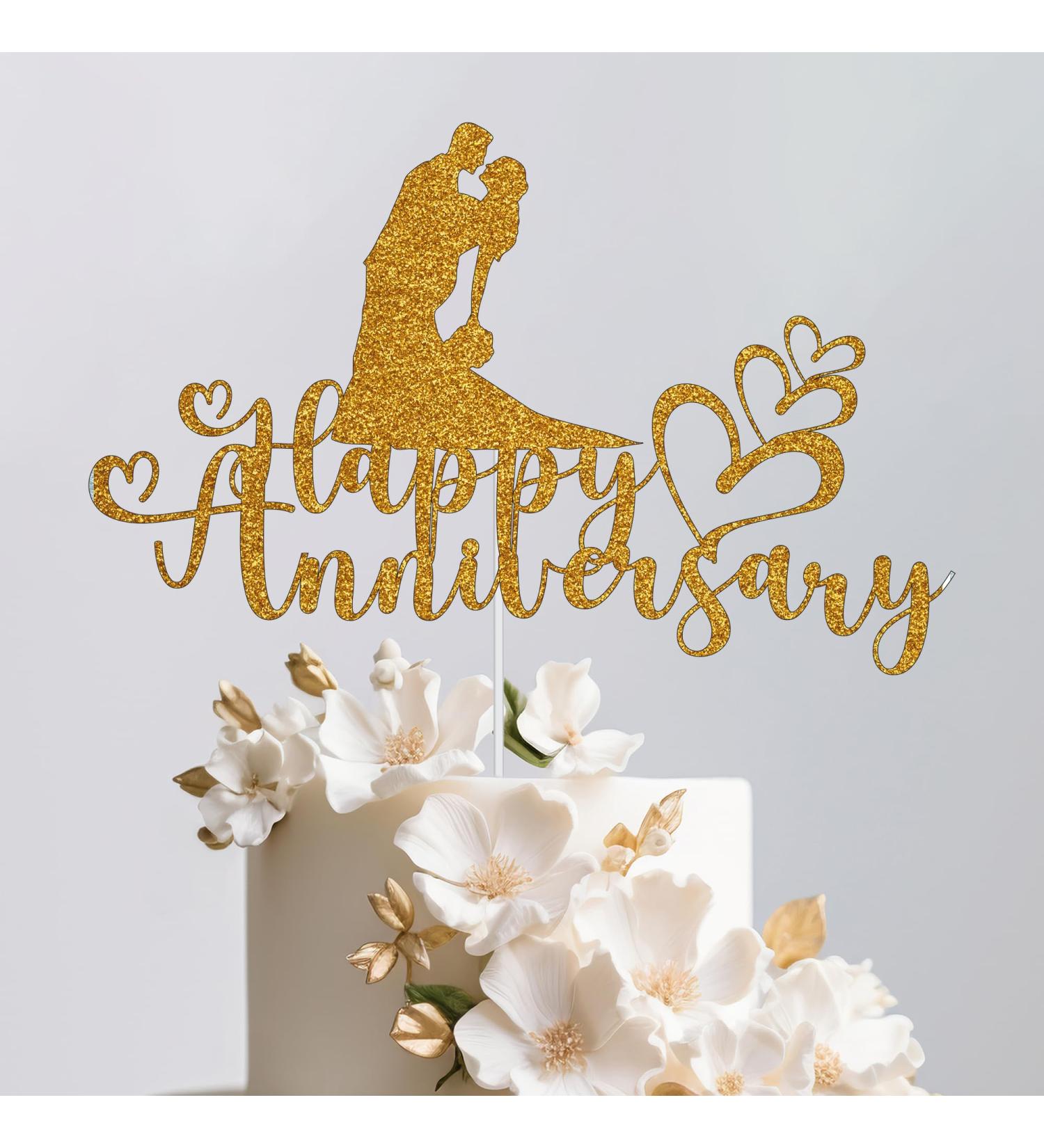 Reusable Gold Glitter Happy Anniversary Cake Topper - Double-Sided Groom & Bride Wedding Decoration - Buy Online on GoSupps.com