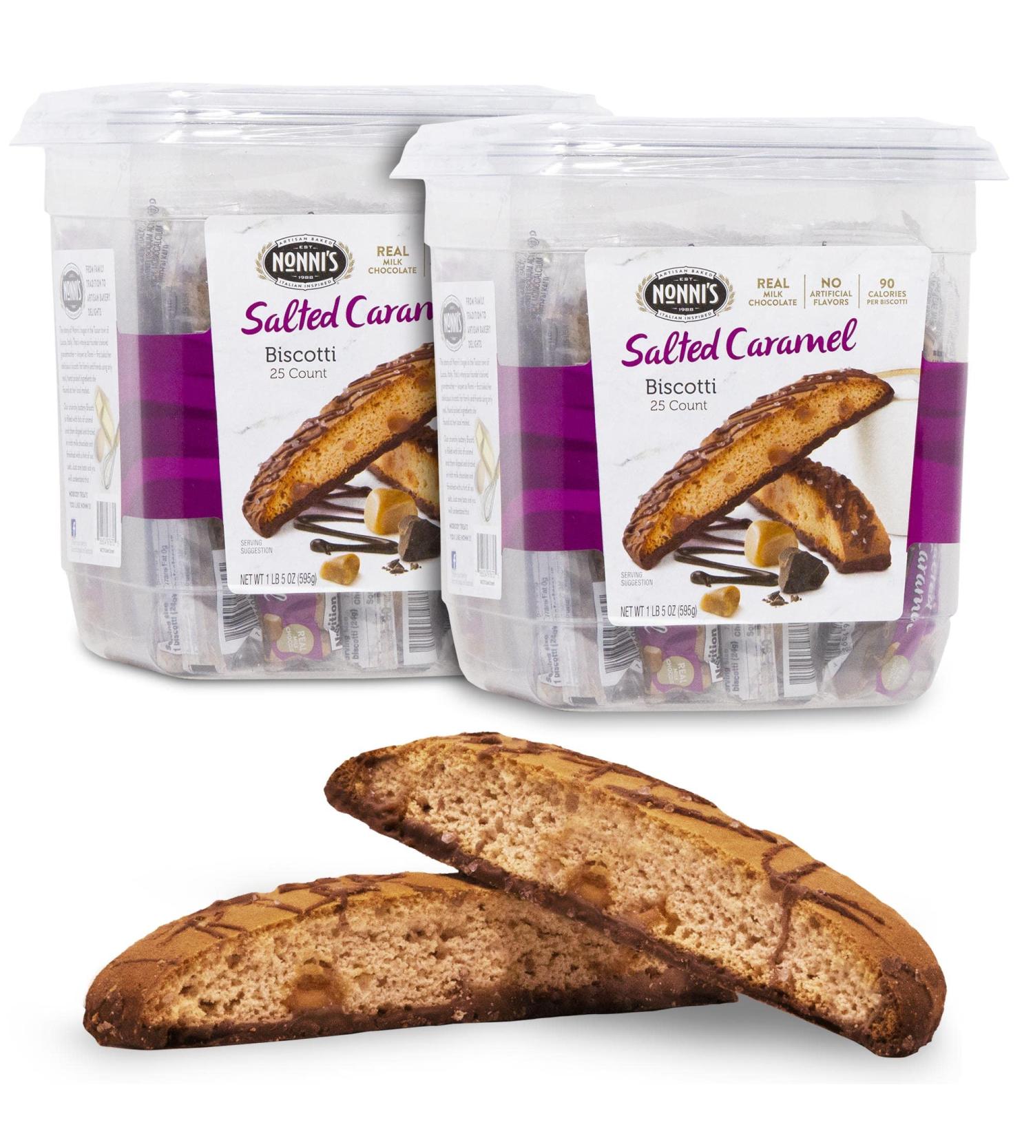 Nonni's Salted Caramel Biscotti Italian Cookies - 2 Tubs - Italian Biscotti Cookies - Biscotti Individually Wrapped - Biscotti w/ Rich Milk Chocolate & Sea Salt - Kosher - 21 oz Salted Caramel 25 Count (Pack of 2)
