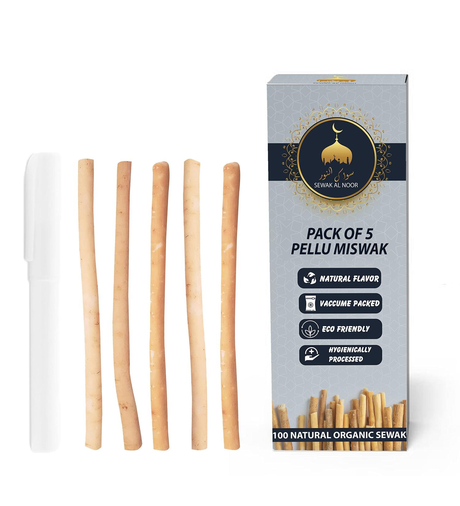 Sewak Al Noor Pack of 5 Miswak Sticks with Holder - Natural Flavored Chew Sticks for Teeth Whitening & Fresh Breath - Vacuum Sealed Oral Health Kit - Buy Online on GoSupps.com