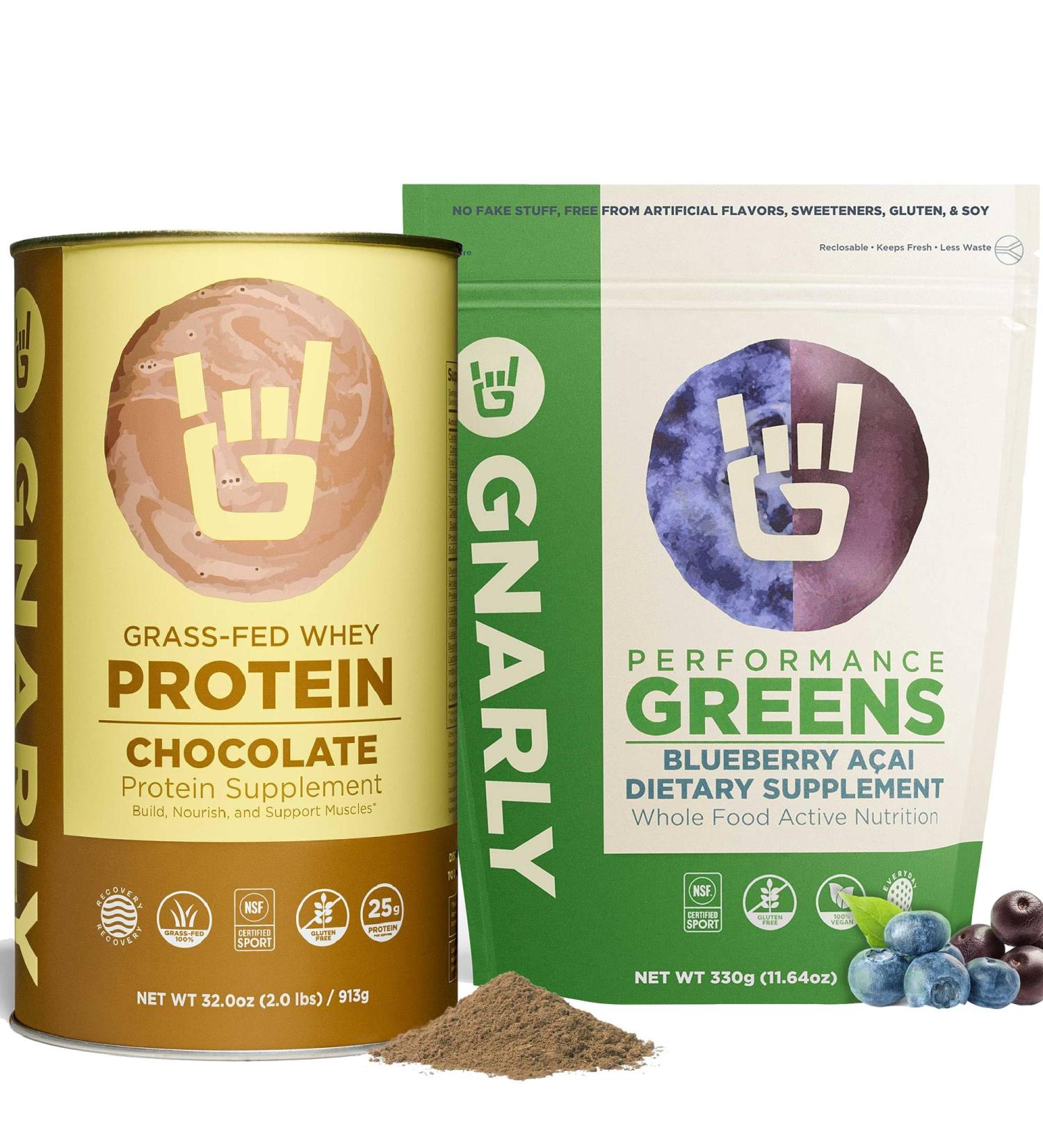 Gnarly Nutrition Performance Greens Blueberry A ai (11.64 oz) and Gnarly Whey Grass-Fed Protein Supplement Chocolate (32.0oz) - Buy Online on GoSupps.com