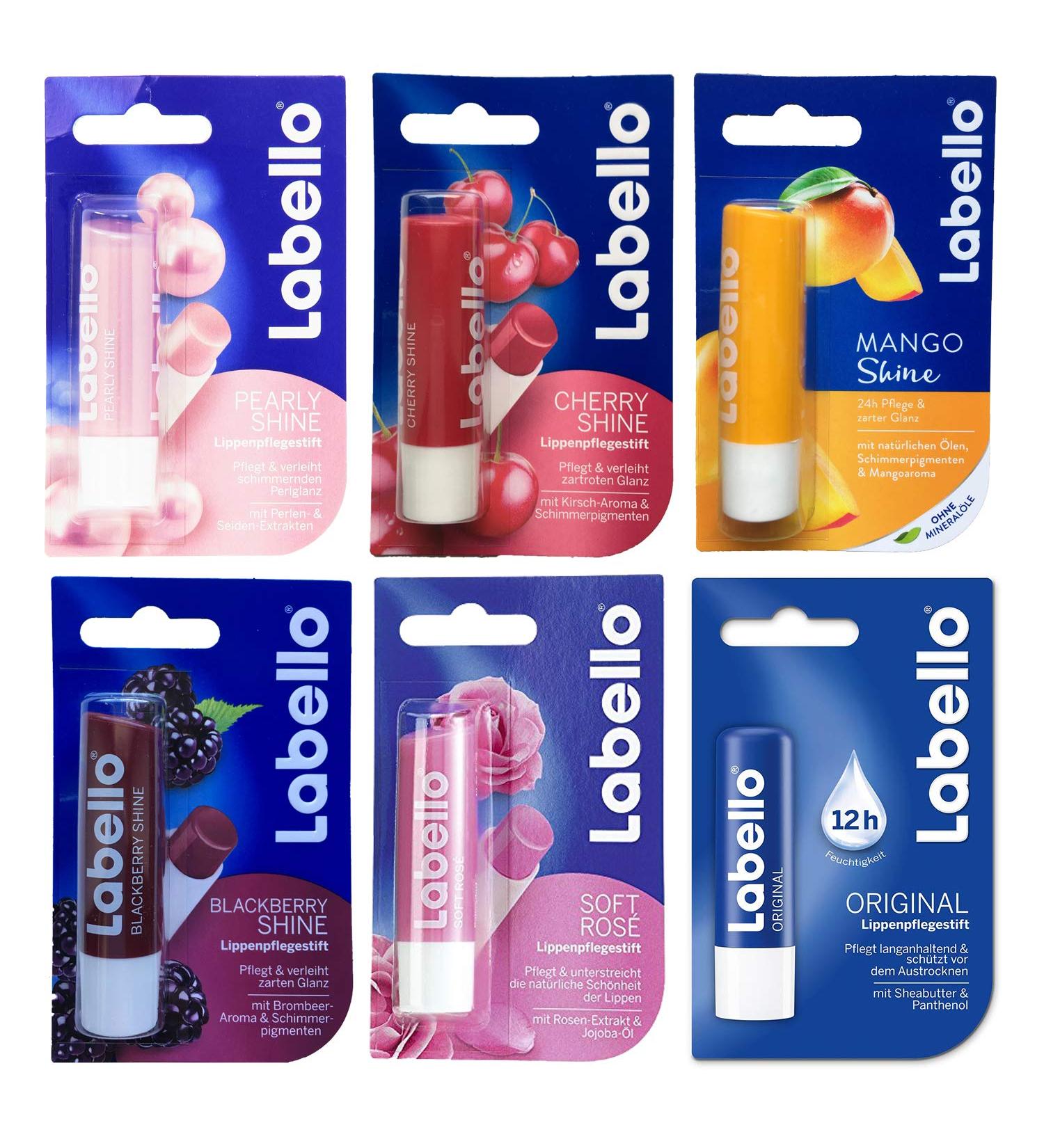 Lip Balm Bundle containing 6 different Labello Lip Balms - Pearly Shine Cherry Shine Mango Blackberry Shine Soft Rose Original - Buy Online on GoSupps.com