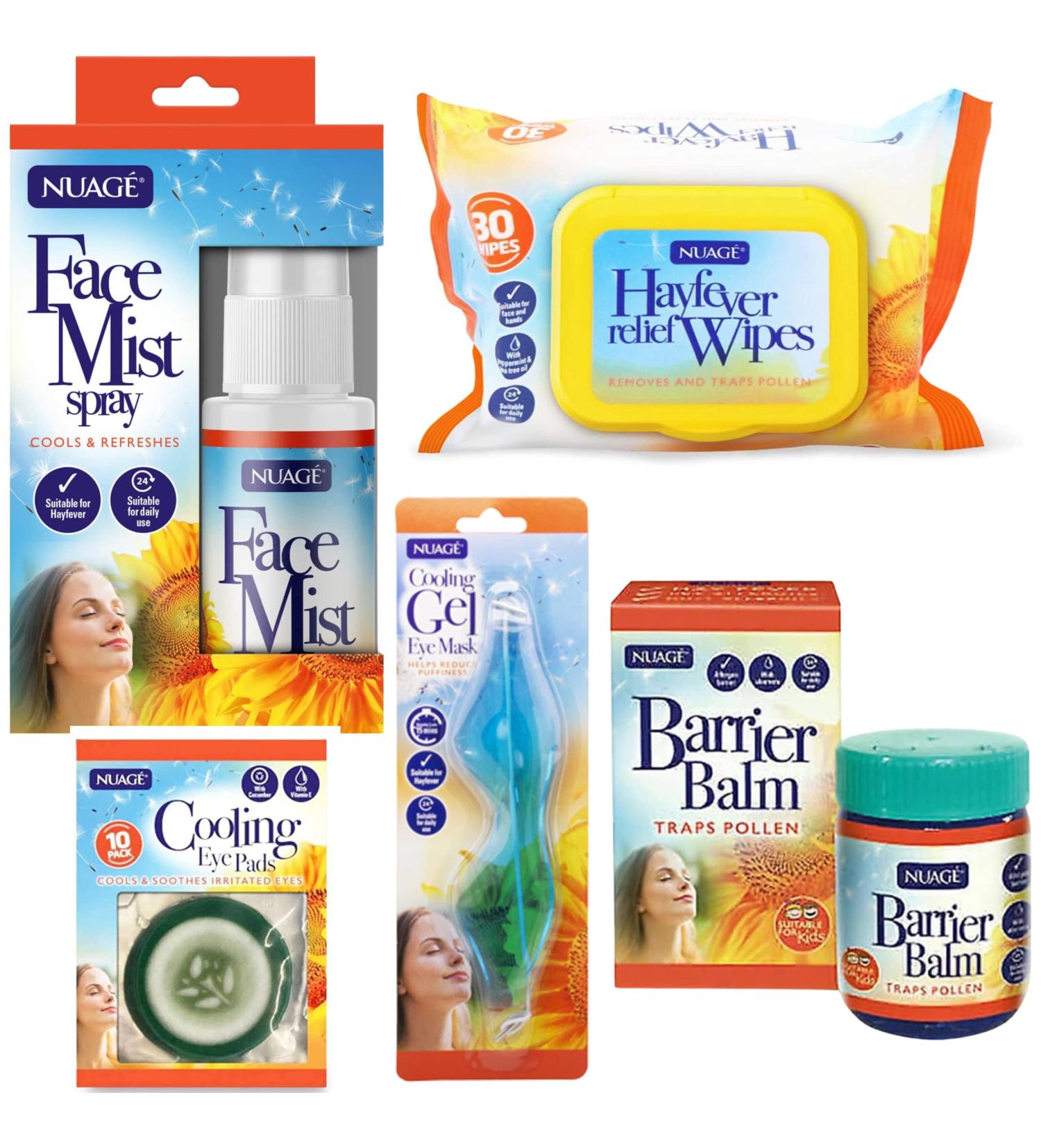 Nuage Hayfever Survival Kit - 30 Resealable Relief Wipes, Barrier Balm, Face Mist, Cooling Gel, Eye Mask & Pads - Natural Remedy for Hay fever | Face and Hand Friendly - Buy Online on GoSupps.com