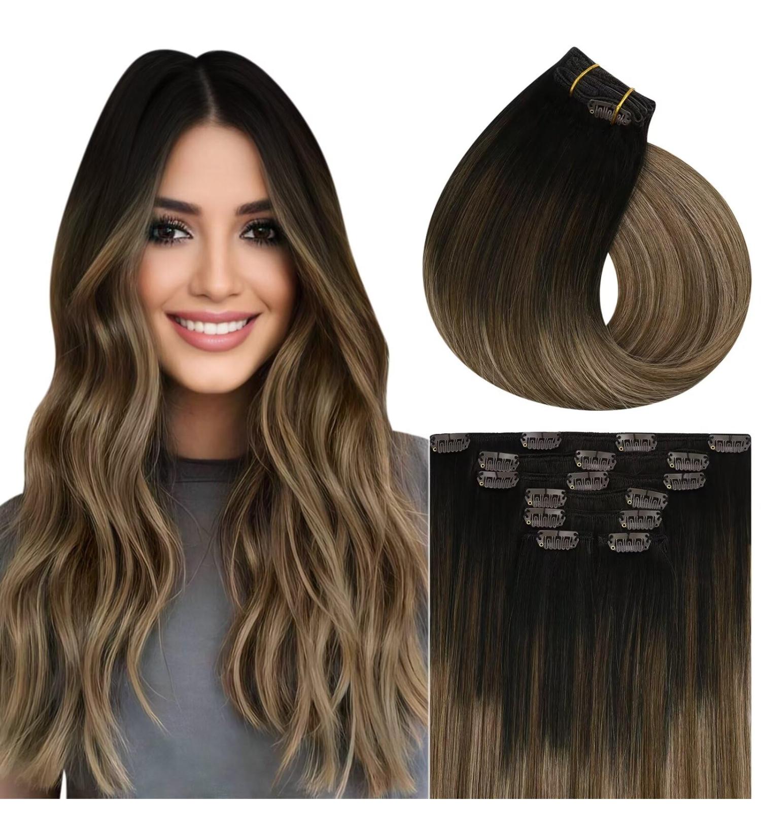 Shop Vivien Clip-In Extensions | Real Hair Balayage | Darkest Brown to Medium Brown with Ash Blonde | 50cm 7PCs/120g | Premium Remy Quality - Buy Online on GoSupps.com