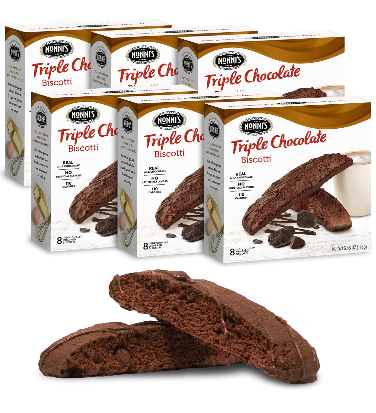 Nonni's Triple Chocolate Biscotti Italian Cookies - 6 Boxes Triple Chocolate Italian Biscotti Cookies w/Dark Chocolate - Biscotti Individually Wrapped Cookies - Kosher - 6.88 oz