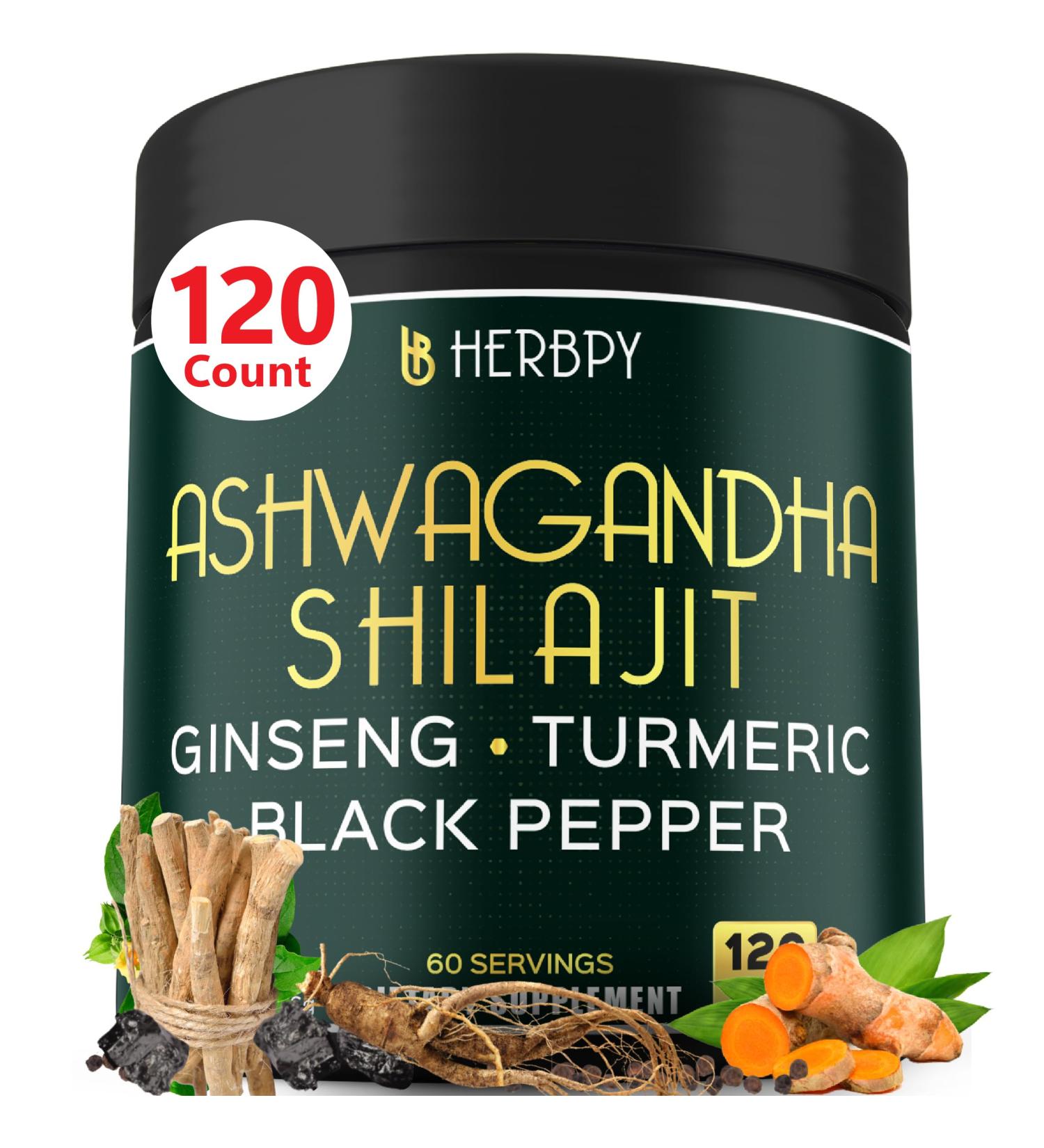 Herbpy 5in1 Ashwagandha Extra Strength with Shilajit for Stamina Energy & Relaxation Support - Plus Ginseng Turmeric Root & Black Pepper - 120 Count - Buy Online on GoSupps.com
