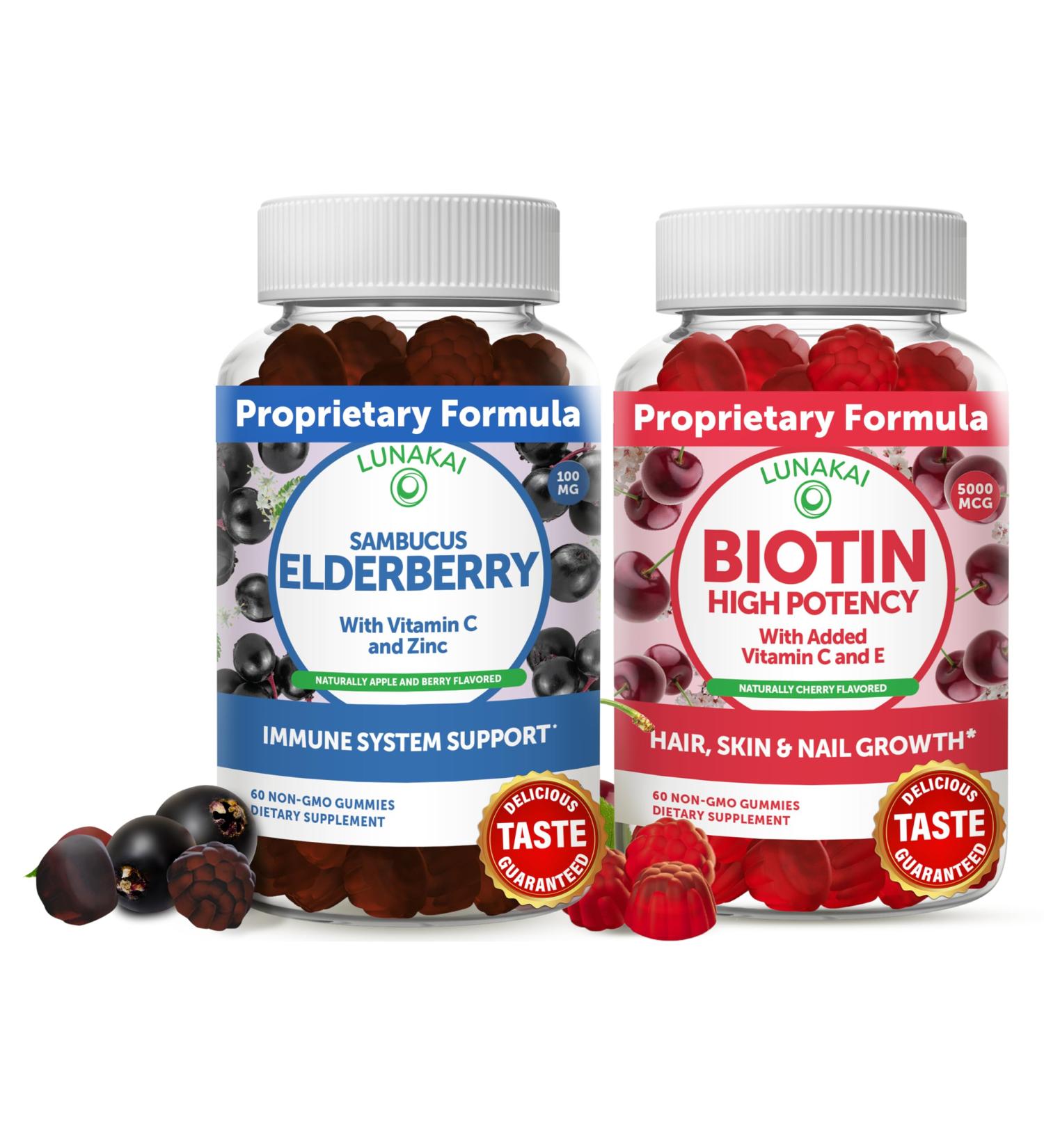 Lunakai Biotin & Elderberry Gummies Bundle - Gummy for Hair Growth Skin Glow and Stronger Nails with Vitamin C and E - Immune Support Supplement for Adults and Kids - Buy Online on GoSupps.com