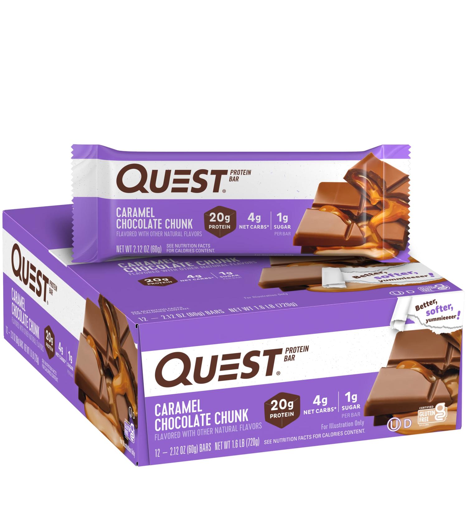 Quest Nutrition Caramel Chocolate Chunk Protein Bars - 12 Pack (2.12 oz Each) | High Protein Snack - Buy Online on GoSupps.com