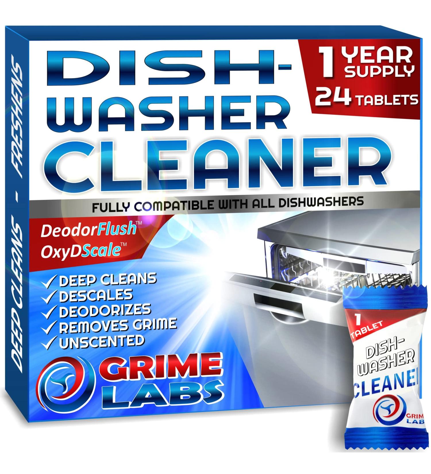GRIME LABS Dishwasher Cleaner Deodorizer Descaler Tablets - 24 Pack | Heavy Duty Deep Clean and Limescale Remover | Rinse Aid Compatible | Dishwasher Machine Pods - 12 Months Supply - Buy Online on GoSupps.com