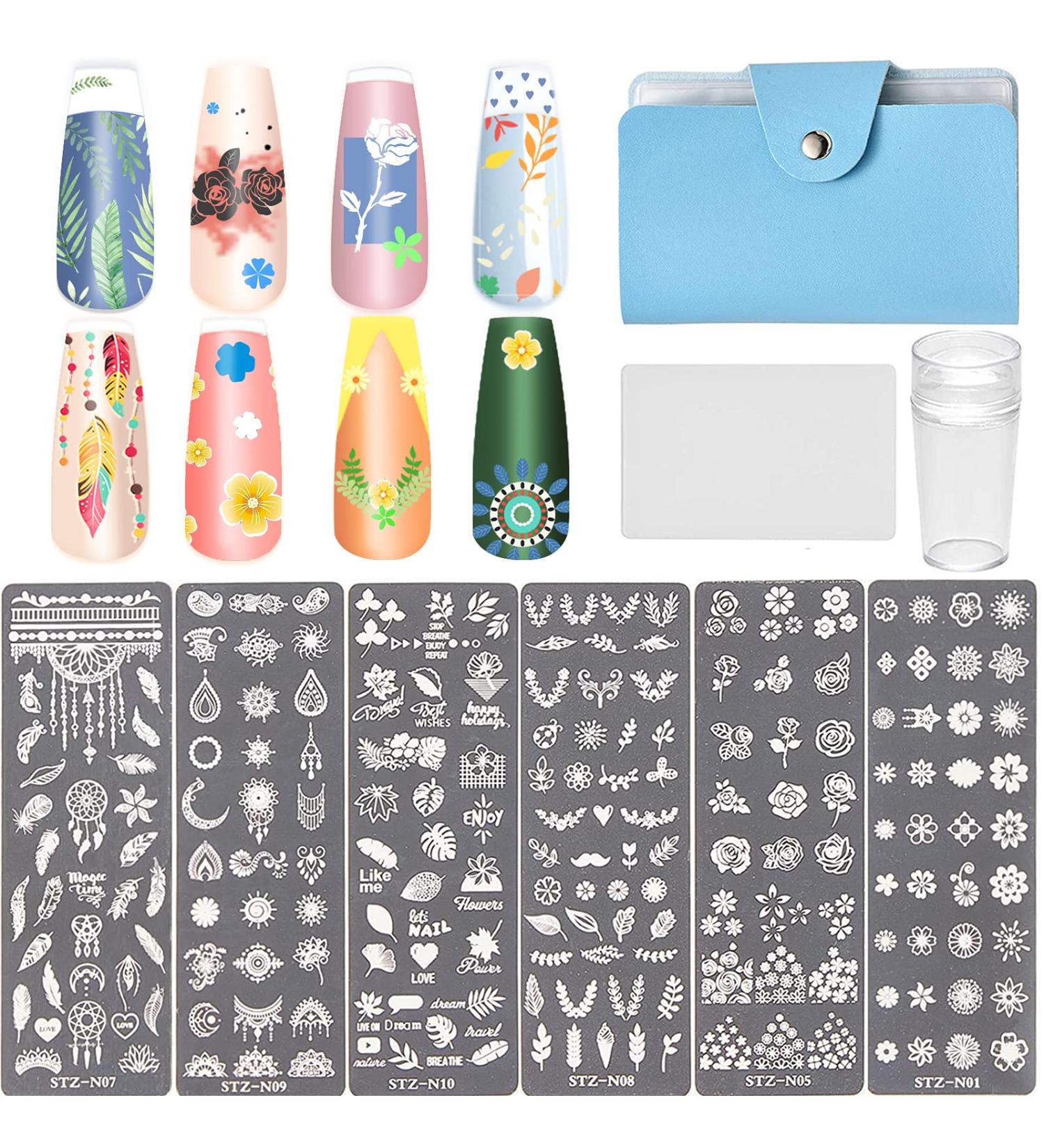 NICENEEDED Nail Art Stamping Kit - 6 Nail Plates, Stamper, Scraper, Storage Bag - Flower Leaves Patterns - DIY Nail Decoration (Style 2) - Buy Online on GoSupps.com
