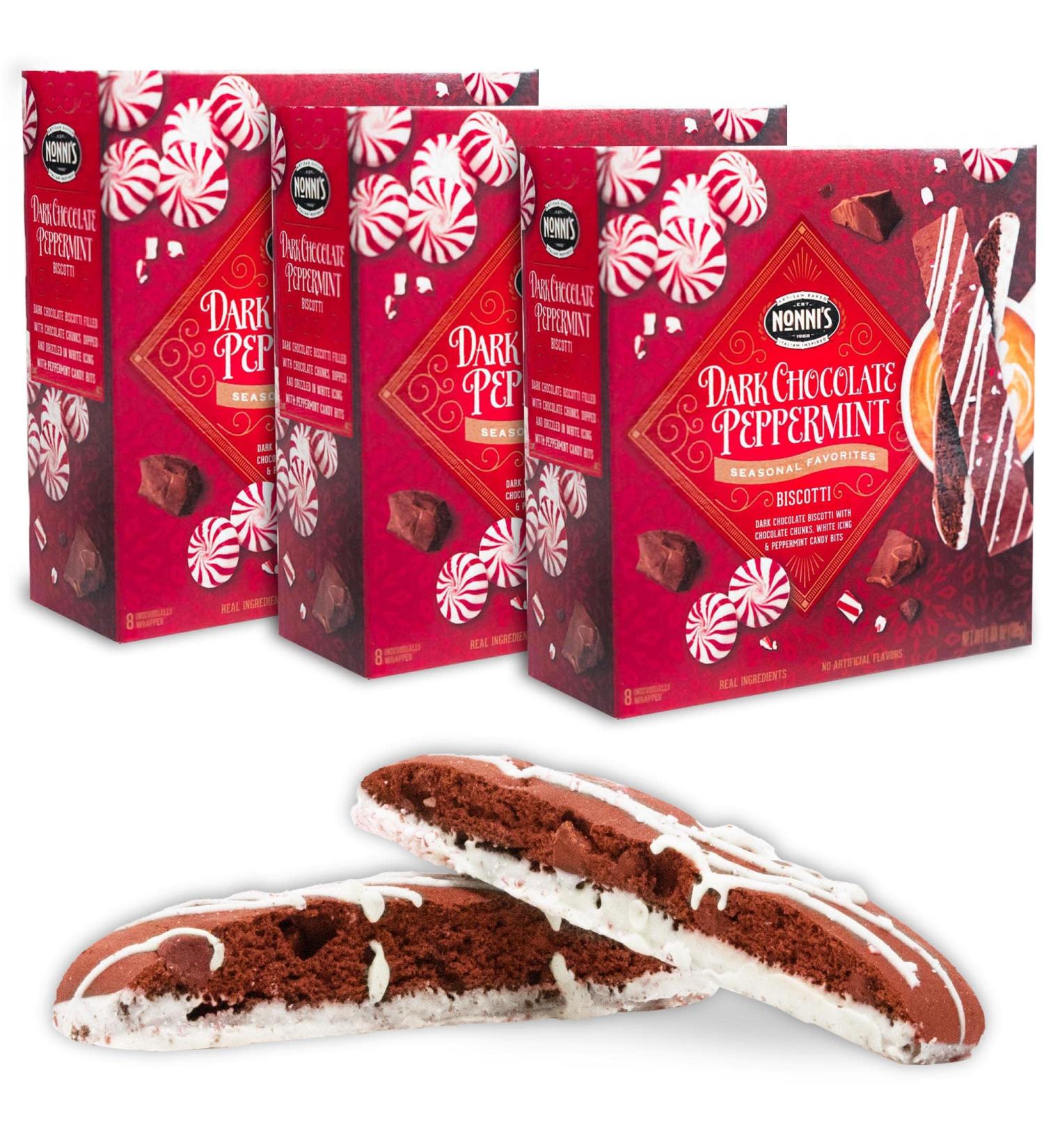 Nonni's Dark Chocolate Peppermint Biscotti - 3 Boxes Christmas Cookies - Italian Biscotti Cookies w/ Dark Chocolate White Icing & Peppermint Candy - Biscotti Individually Wrapped Cookies - 6.88 oz Dark Chocolate Peppermint 6.88 Ounce (Pack of 3)