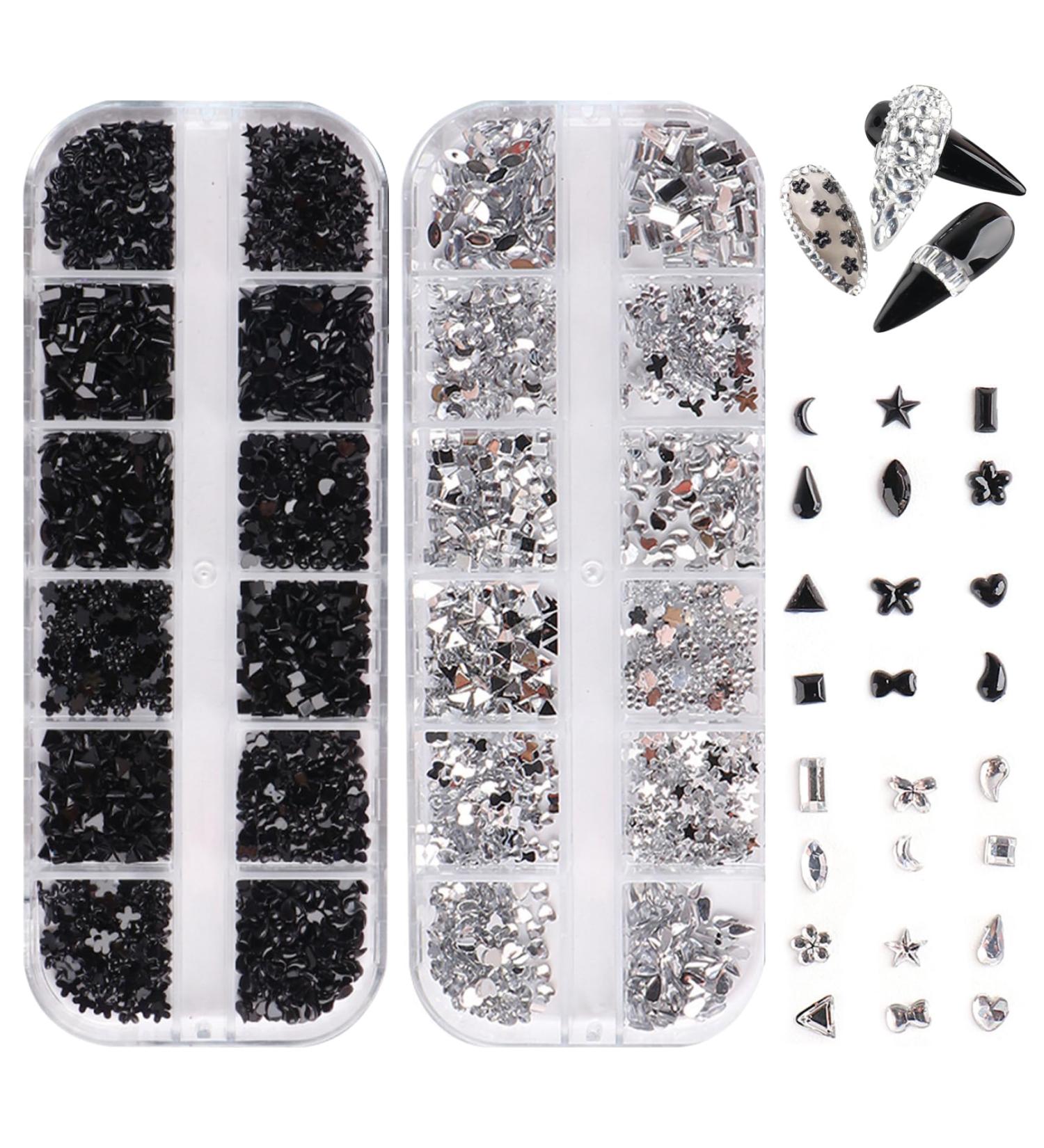 Rhinestones Nail Gems 2 Plates for Nail Art 2 Colors 12 Grids Different Shape 3D Nail Art Gems with Rhinestone Picker Dotting Pen for Professionals Beginners Nails Salon Clothes Craft Style2 silver+black - Buy Online on GoSupps.com