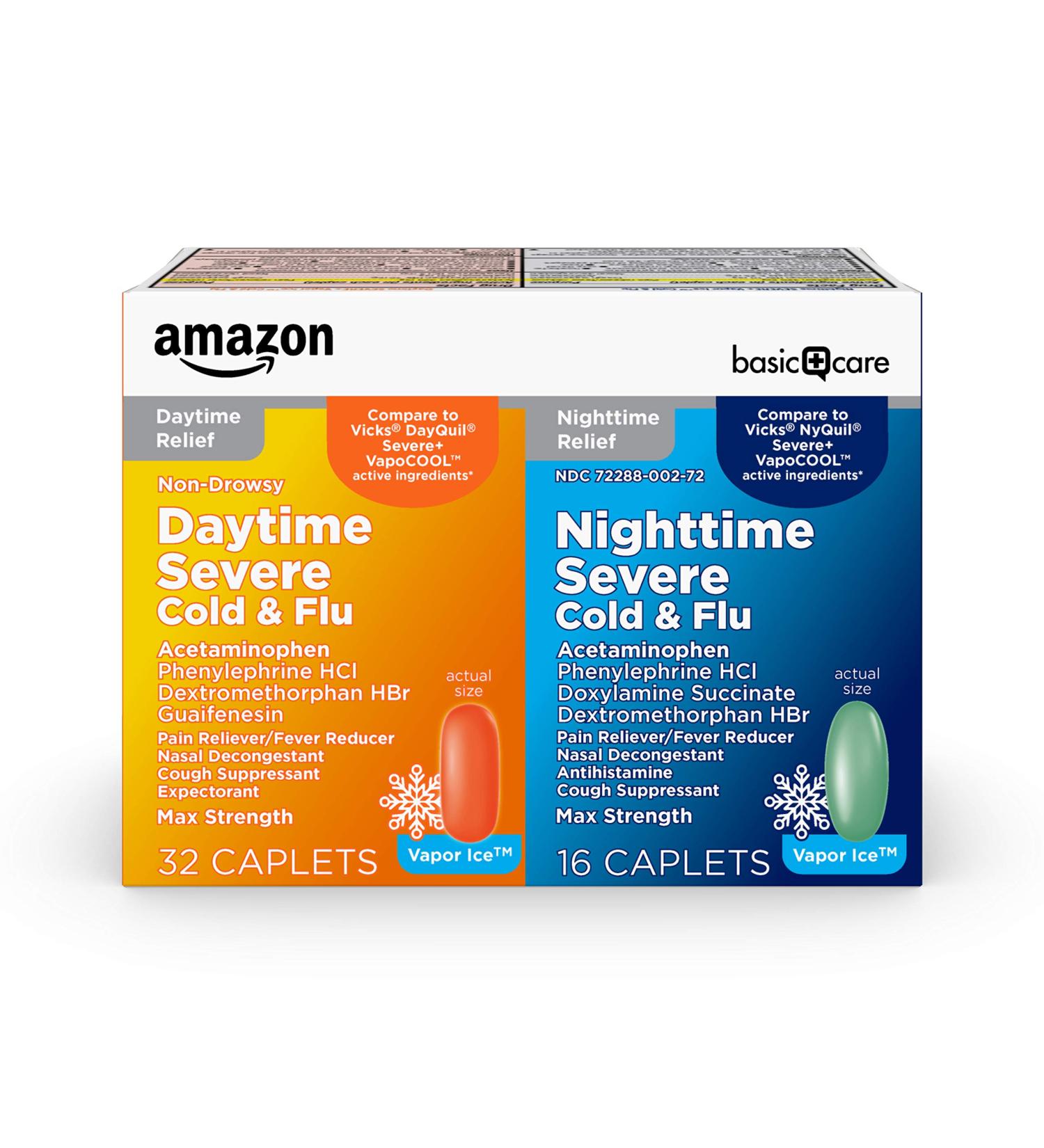 Amazon Basic Care Vapor Ice Daytime and Nighttime Severe Cold and Flu Caplets Combo Pack - 48 Count (Pack of 1) - Buy Online on GoSupps.com
