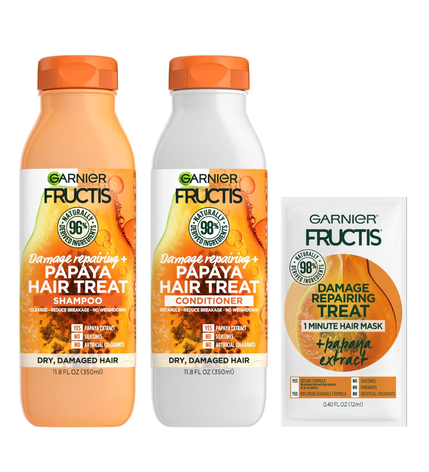 Garnier Fructis Damage Repairing Shampoo & Conditioner Set with Papaya Extract - 11.8 Oz Each + Coconut Hair Mask Sample - Nourishing Dry & Damaged Hair - Pack of 2 - Buy Online on GoSupps.com