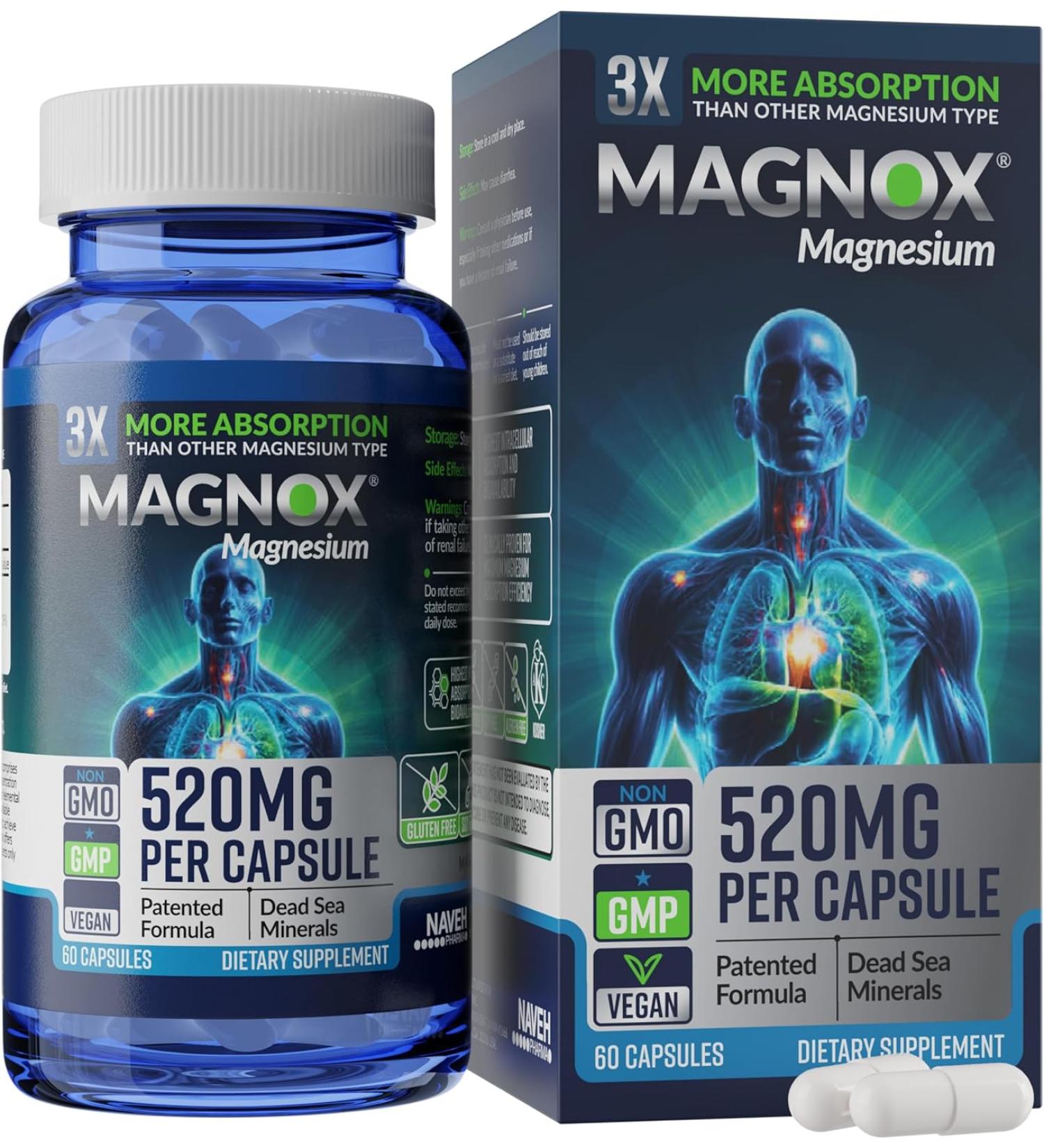 MAGNOX 520 - High Absorption 520mg Magnesium Supplement with Dead Sea Minerals for Sleep & Muscle Pain Relief - Vegan Kosher Halal Gluten-Free - 60 Caps - Buy Online on GoSupps.com