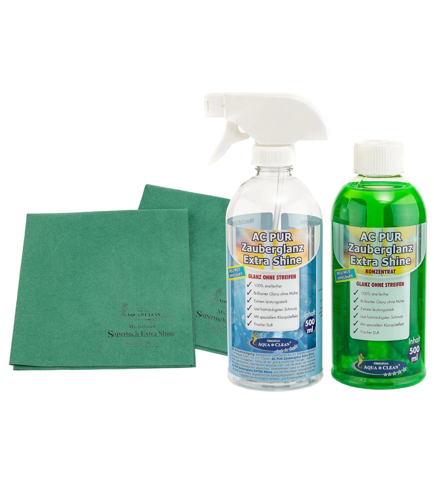 AQUA CLEAN PUR Magic Shine Extra Shine Window Cleaner 500ml incl. 2 Super Cloth Extra Shine
