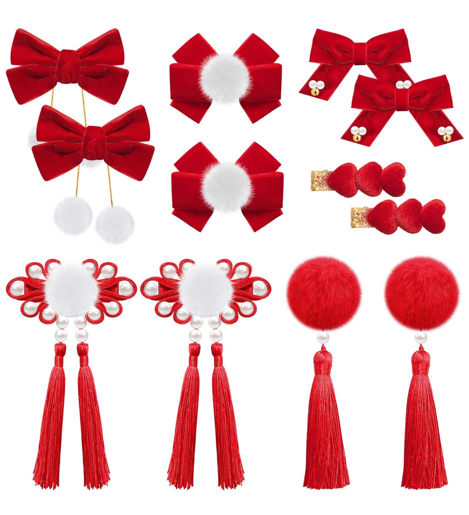 6 Pair Chinese Festival Hair Clips for Kids - New Year & Christmas Accessories with Pom Poms, Bows, and Tassels - Buy Online on GoSupps.com
