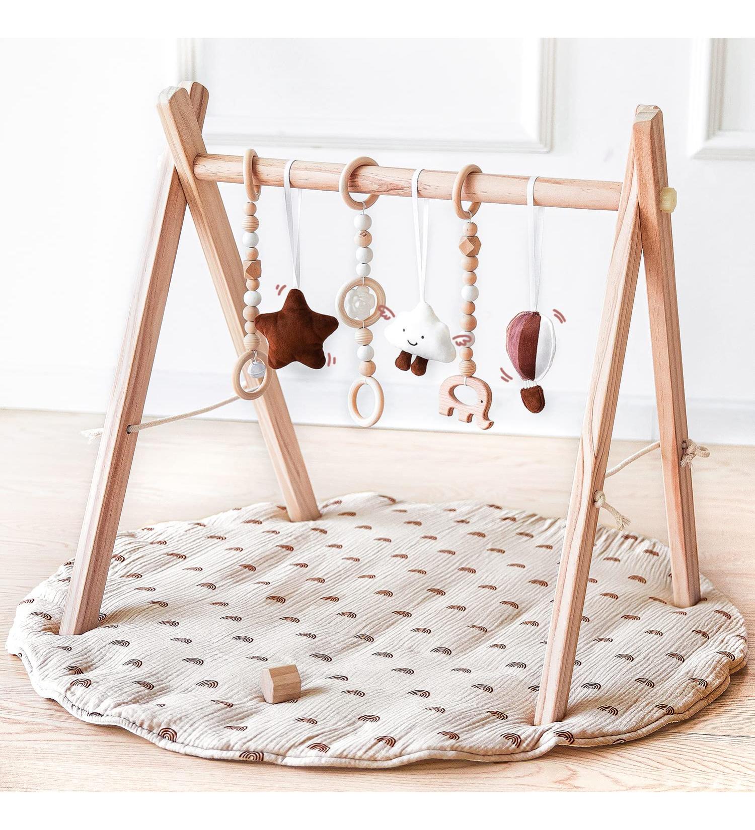 Wooden Baby Play Gym with Mat Foldable Activity Gym Frame 5 Hanging Toys Rainbow Playmats Newborn Baby Gift Natural
