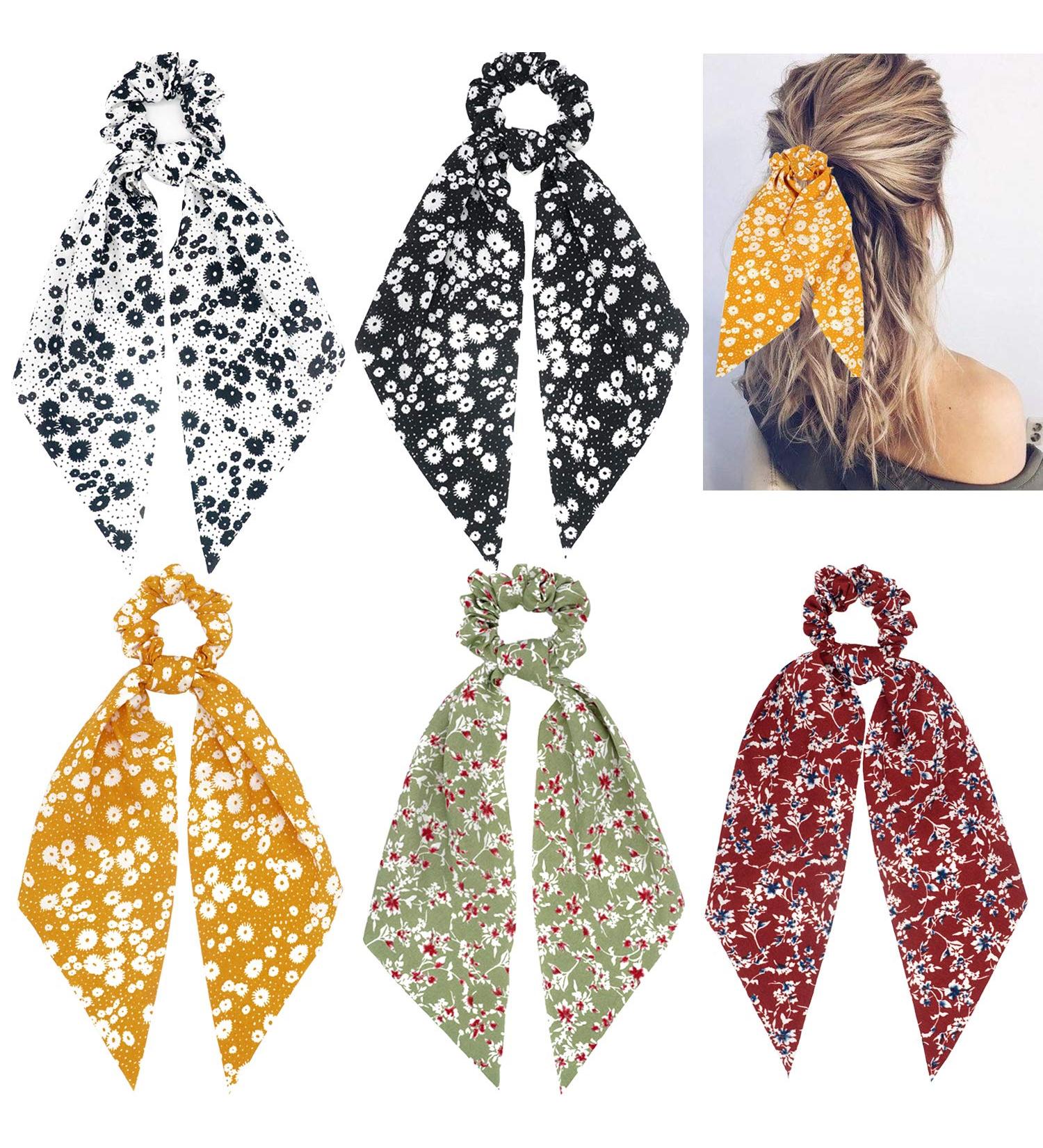Vintage Floral 2-in-1 Chiffon Hair Scrunchies Scarves - 5pcs Set for Women and Girls - Buy Online on GoSupps.com