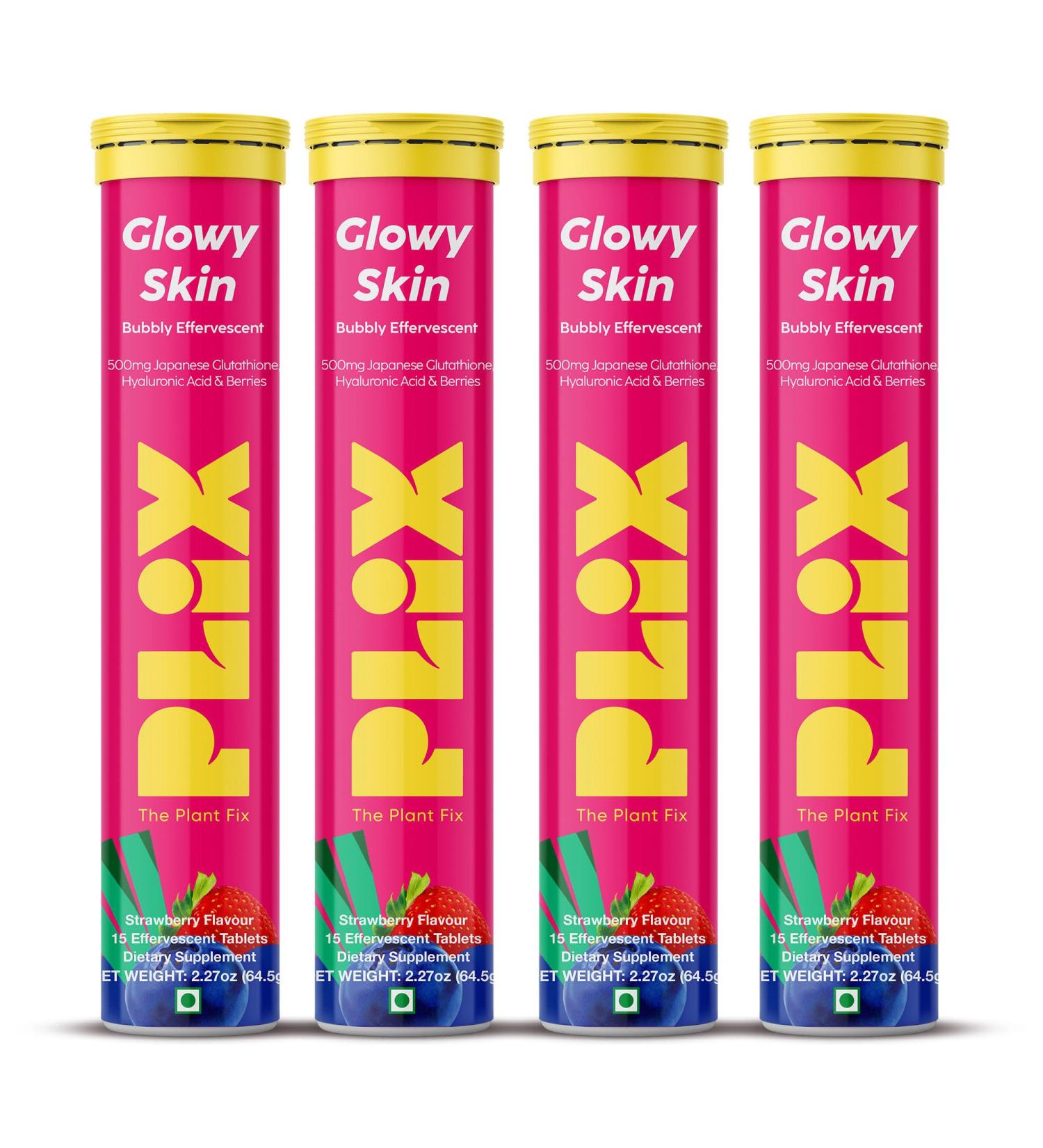 PLIX Glowy Skin 500mg Glutathione Supplement with Hyaluronic Acid Vitamin C E & Berries | 60 Effervescent Tablets Strawberry Flavor 60 Tablets (Pack of 4) - Buy Online on GoSupps.com