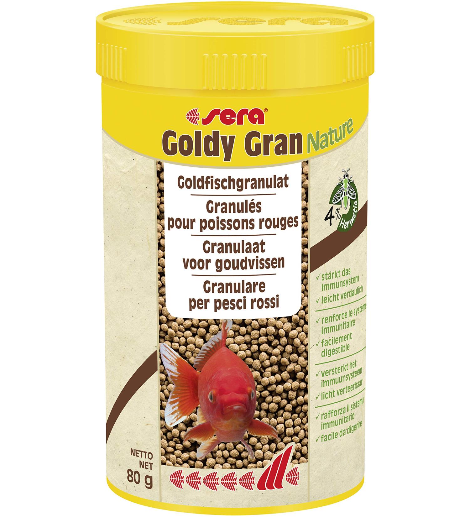 Sera Goldy Gran Nature 250 ml - granulate feed for larger goldfish with 4 % insect flour goldfish feed for the aquarium with high feed valuability and thus less algae granulate 250 ml (1 Pack)