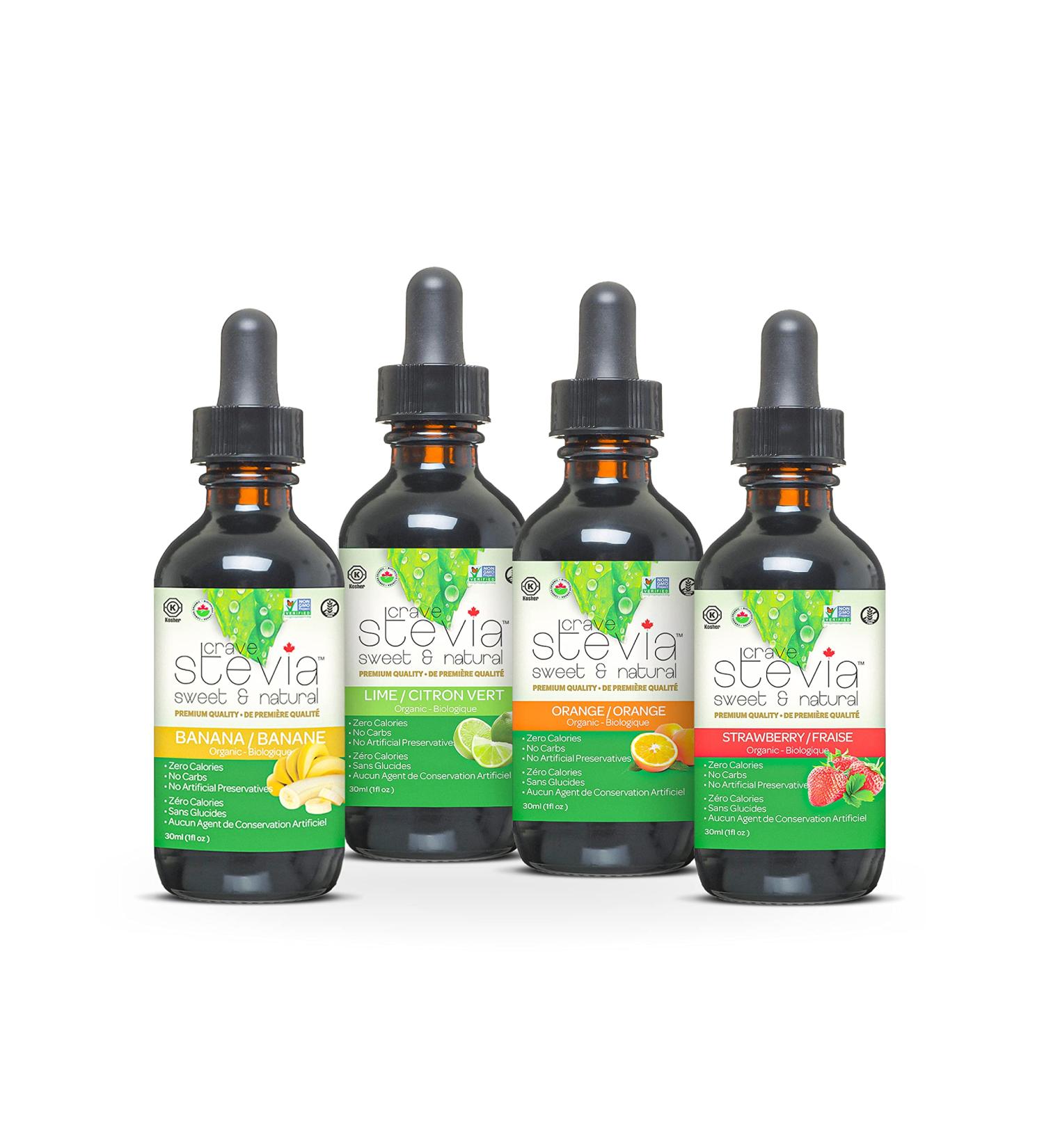 CRAVESTEVIA - 4 Pack Bundle - Fresh Fruit Bundle Strawberry Lime Orange & Banana - All Natural Liquid Stevia Drops - Organic Stevia Sweetener Extracted from the Herb Stevia Rebaudiana - Buy Online on GoSupps.com