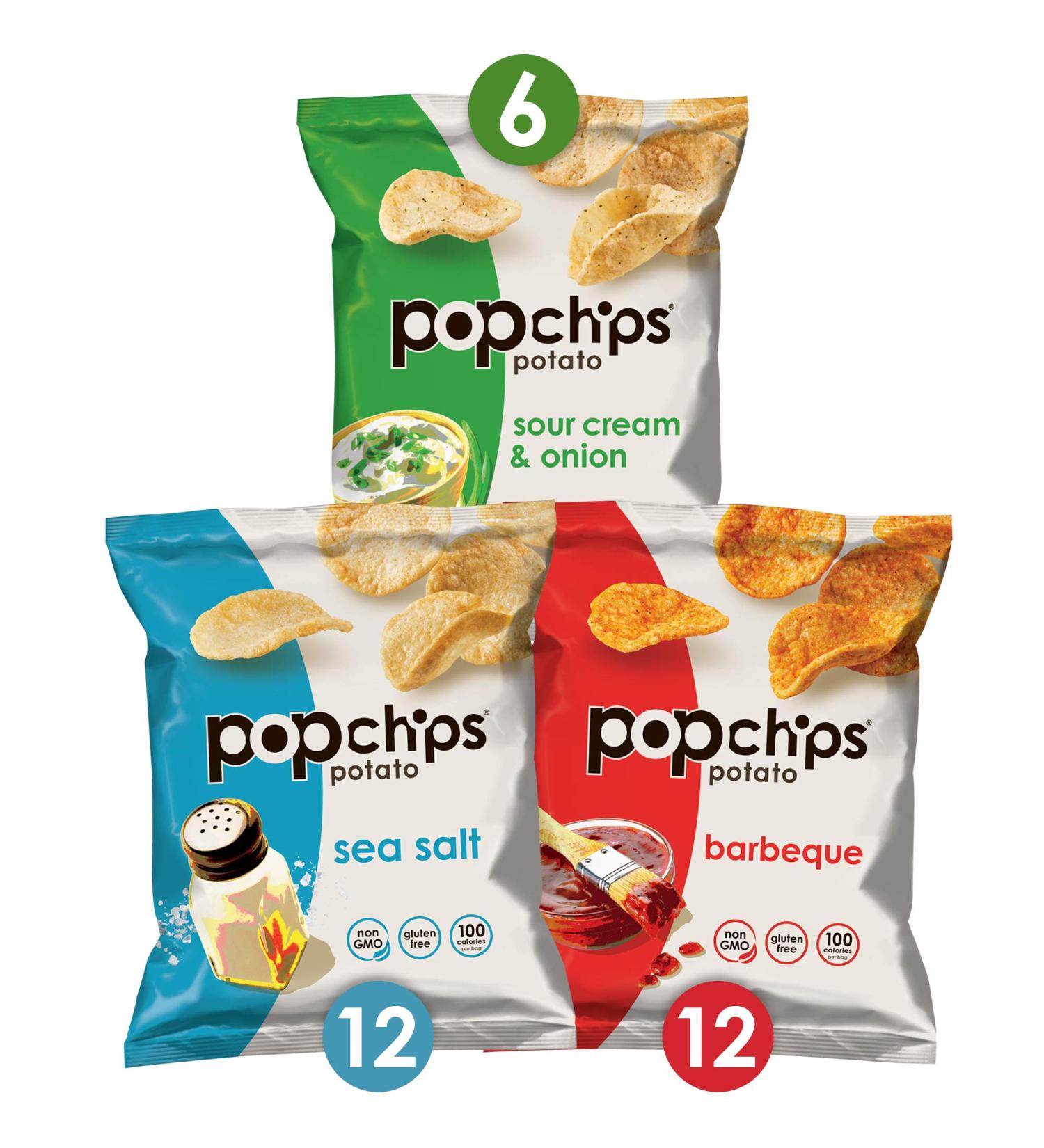 Popchips Potato Chips Variety Pack - Sea Salt, BBQ, Sour Cream & Onion - 30 Single Serve Bags (0.8 oz Each) - Buy Online on GoSupps.com