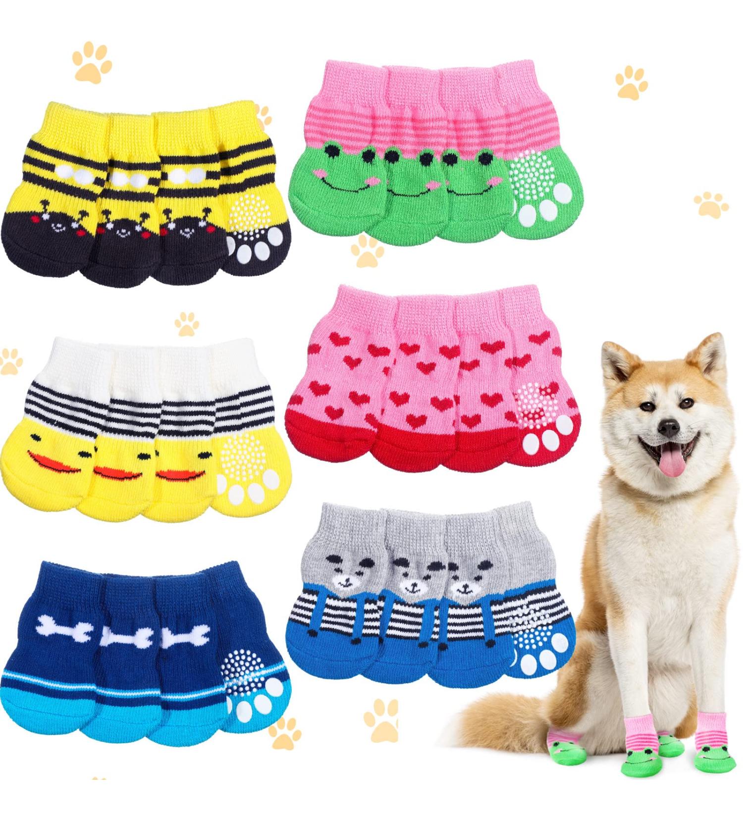 Anti-Slip Dog Socks 24pc Set - Small Cat Puppy Paw Protector Grip Knit Socks for Indoor Hardwood Floors - Better Traction for Small Medium Pets - Buy Online on GoSupps.com