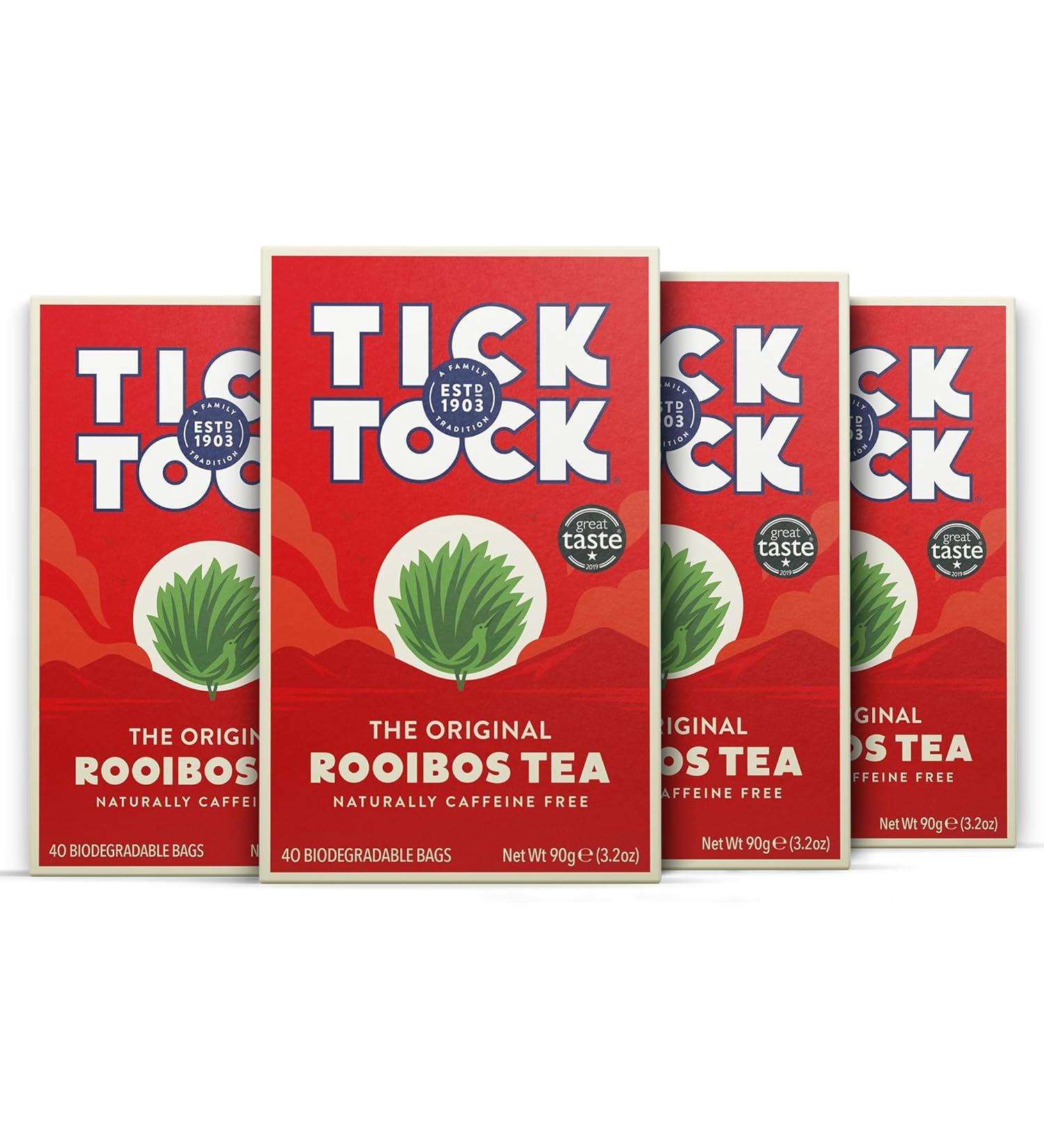 Tick Tock Rooibos Tea Caffeine-Free Naturally Sweet Herbal Biodegradable Tea Bags Rooibos Tea UK, Redbush Tea for Wellbeing and Relaxation 40 Tea Bags - Pack Of 4 - Buy Online on GoSupps.com