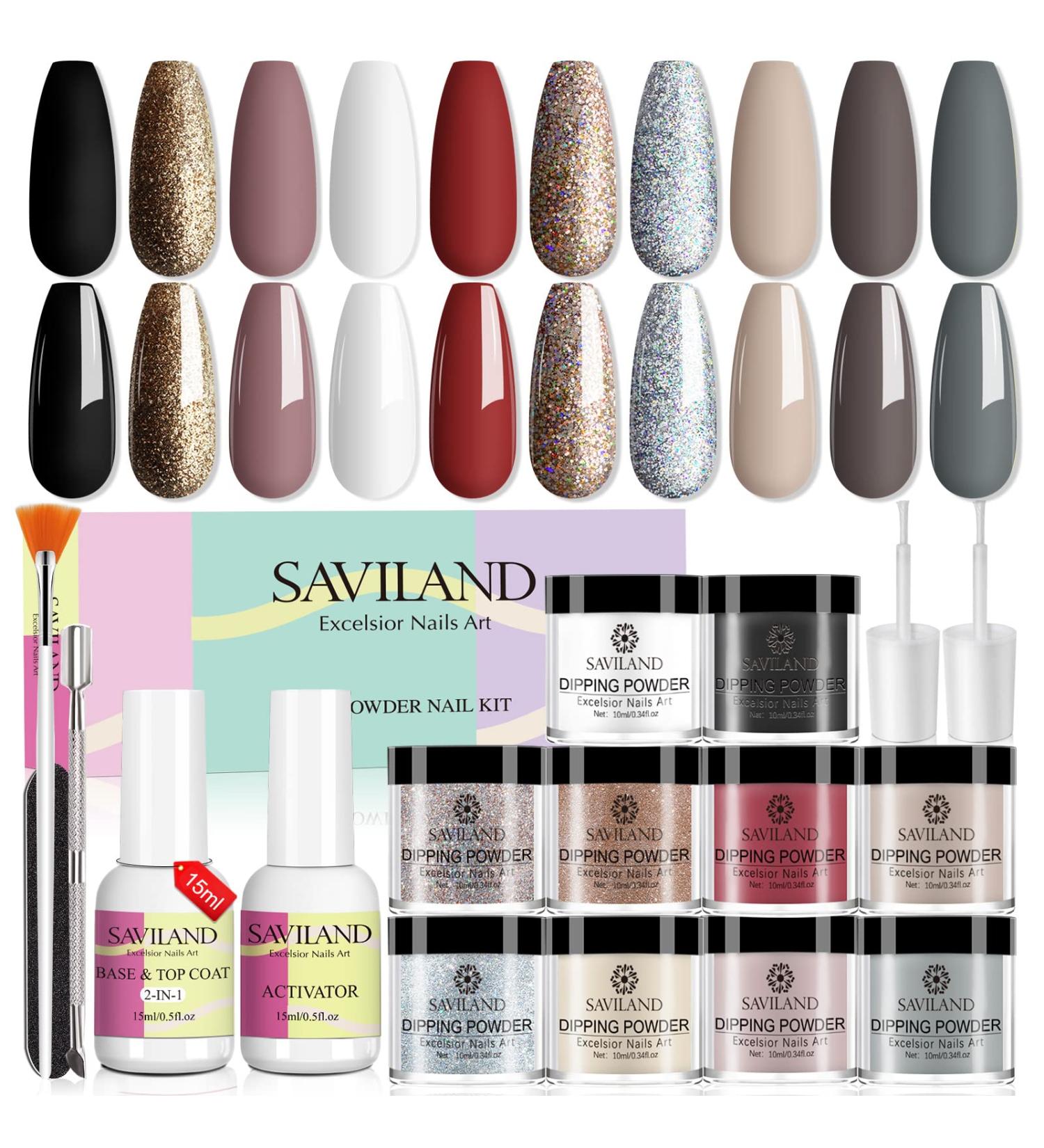 10 Colors Saviland Dip Powder Nail Kit - Glitter Brown Nude Black White Dipping Powder French Manicure Set - Includes Base, Top Coat, Activator Brush - No Nail Lamp Needed - Buy Online on GoSupps.com