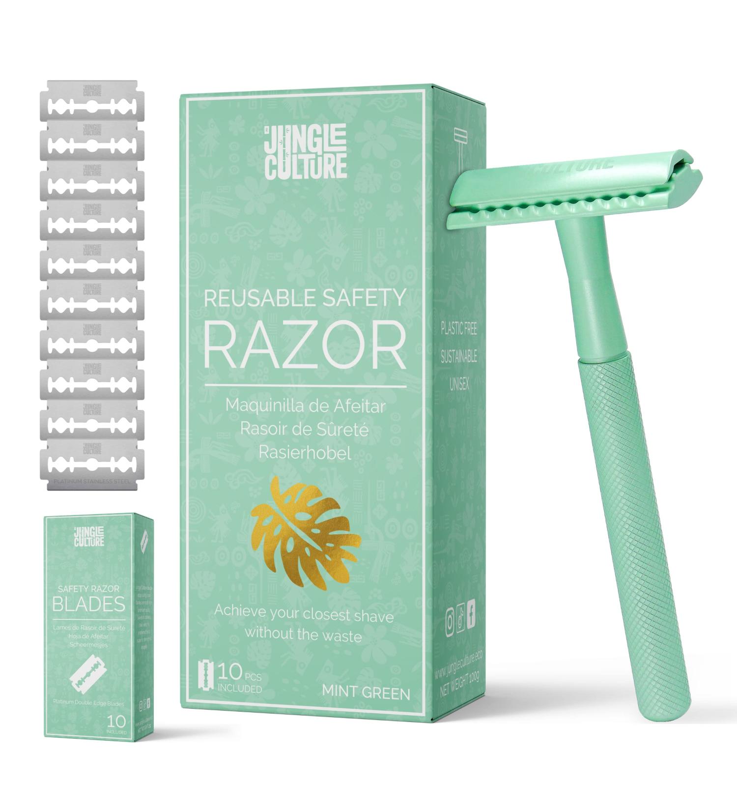 Jungle Culture Double Edge Safety Razor in Green | Includes 10 Blades & Travel Bag | Reusable Eco Shaver | DE Razor for Men & Women | Mint Green - Buy Online on GoSupps.com