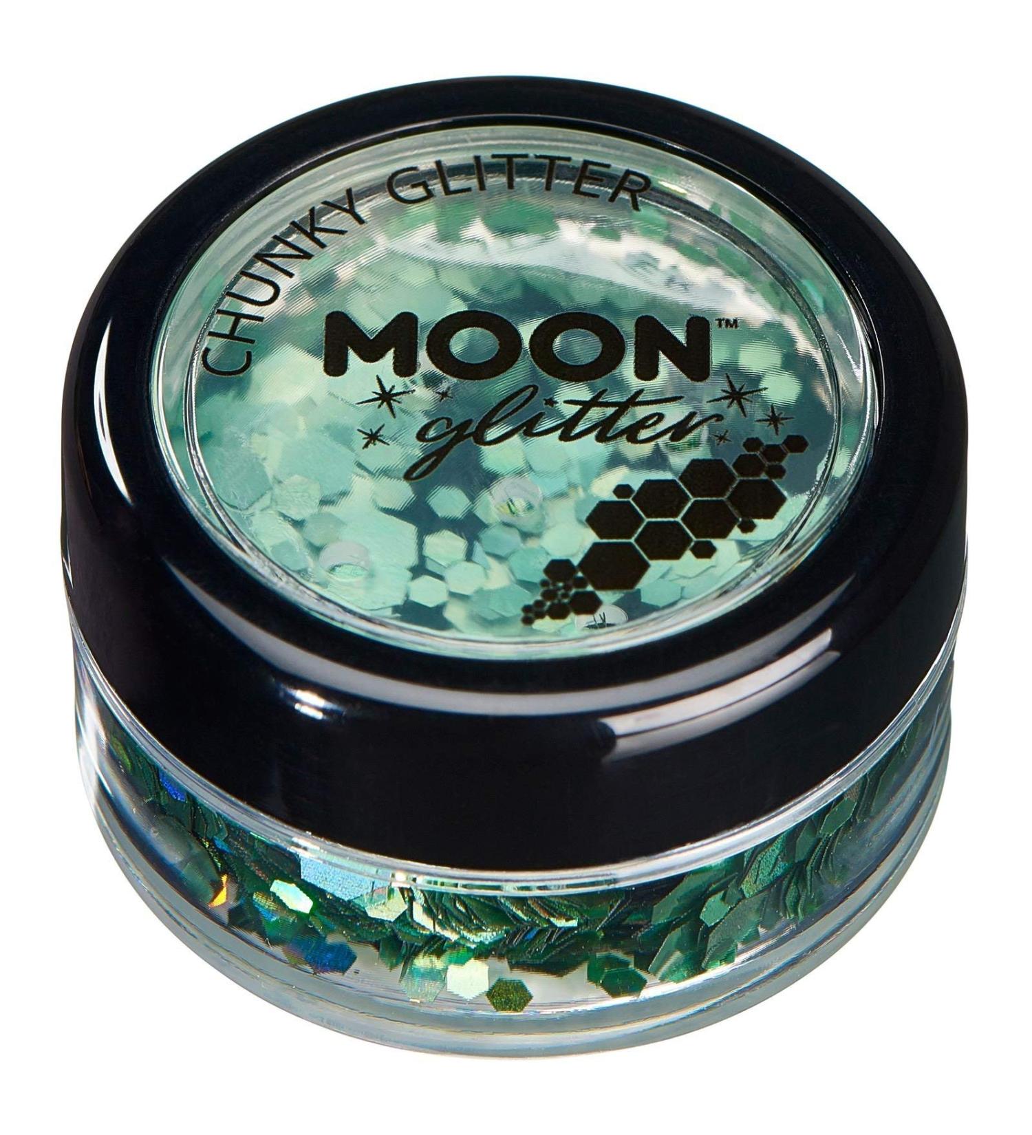 Moon Glitter Chunky Holographic Green Glitter - Cosmetic Festival Makeup for Face, Body, Nails, Hair & Lips - 3g - Buy Online on GoSupps.com