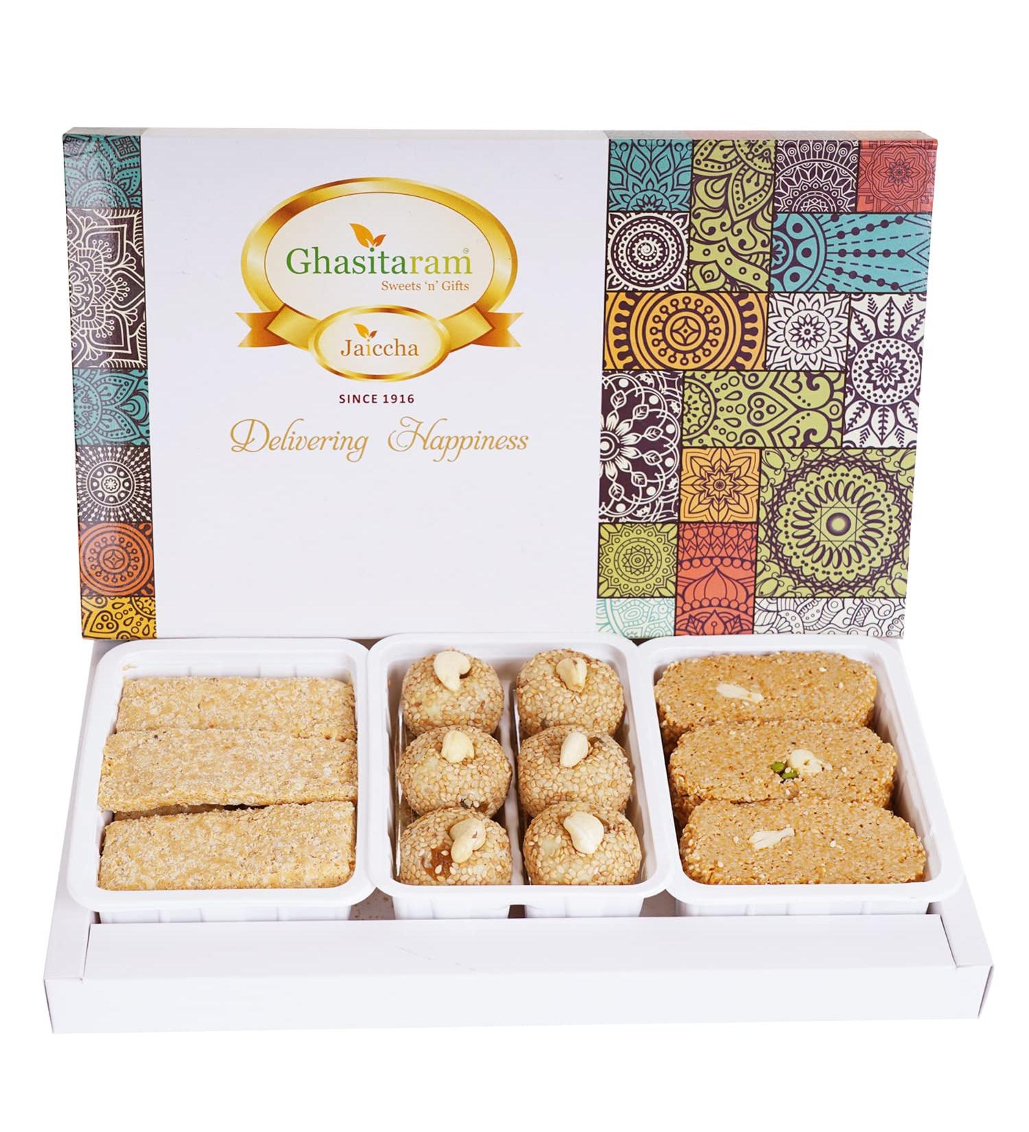 Ghasitaram Gifts Lohri Gifts Assortment of Gud Til Gachak Khasta Gachak and Mawa Til Laddoo 600 GMS - Buy Online on GoSupps.com