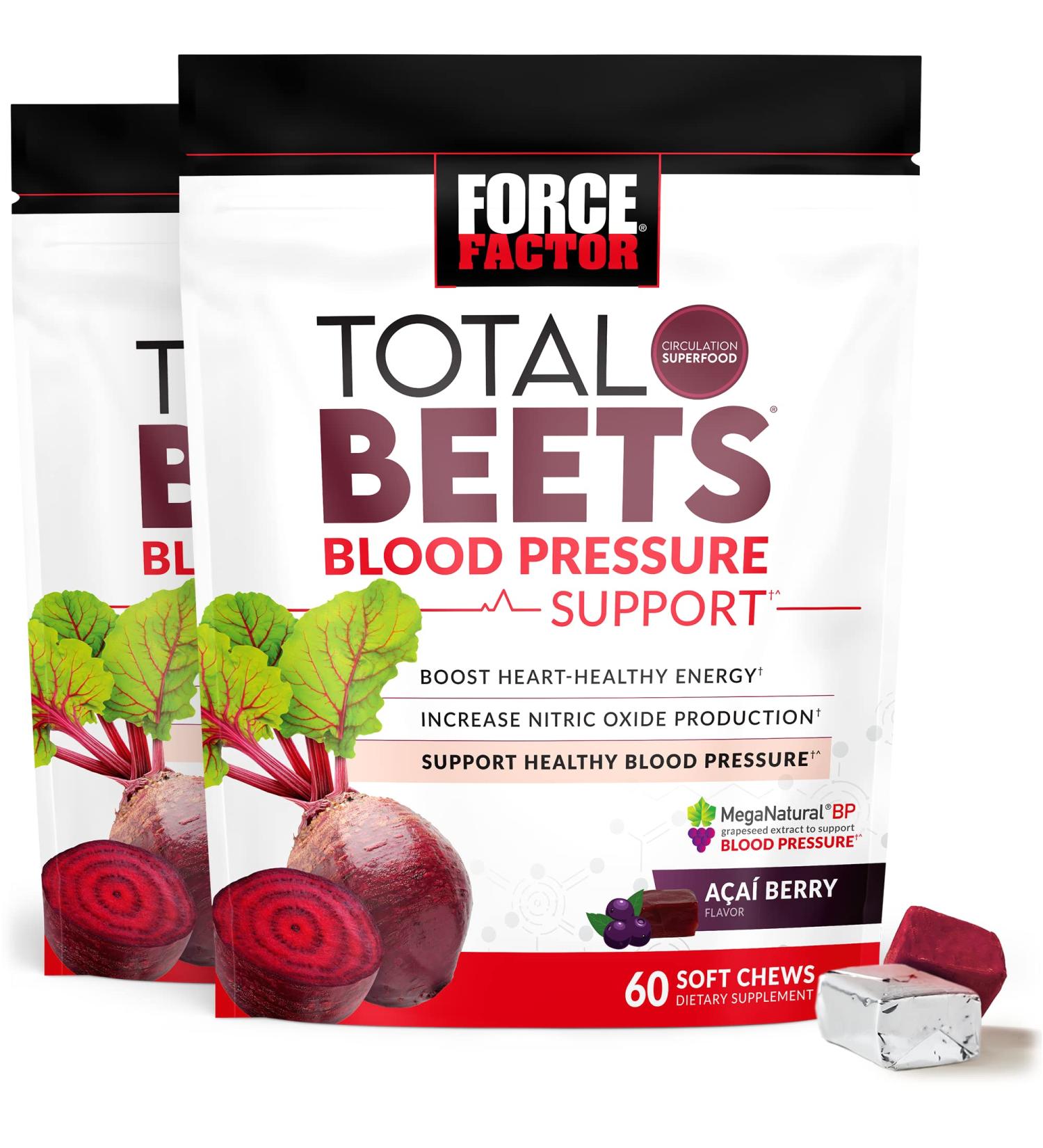 Force Factor Total Beets Blood Pressure Support Supplement - 120 Beets Chewables, Heart-Healthy Energy & Nitric Oxide Booster - 2-Pack - Buy Online on GoSupps.com