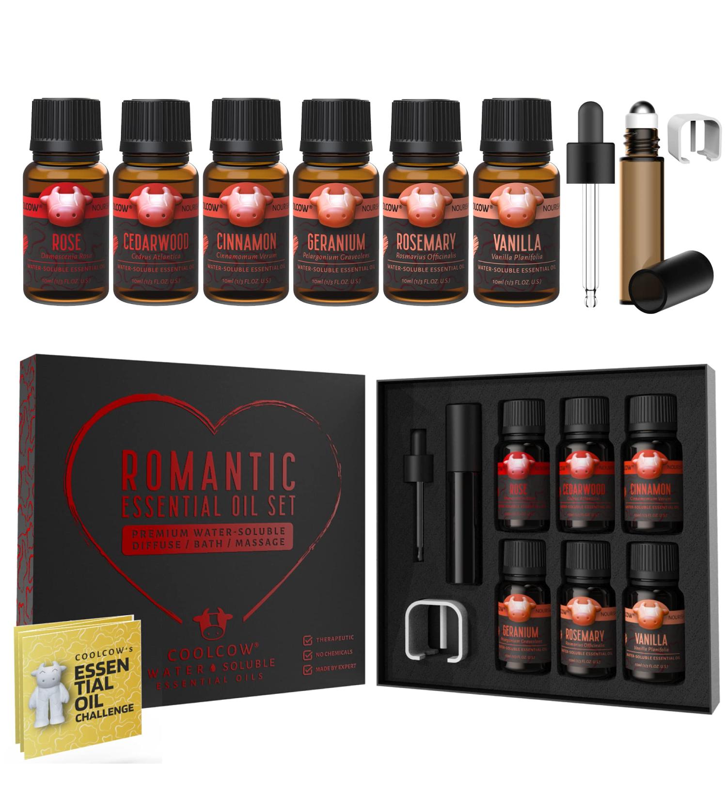 Coolcow Essential Oils Set for Diffusers - 100% Natural Aromatherapy Oils (6x10ml) - Geranium Rosemary Rose Cedar Cinnamon Vanilla - Perfect for Massage & Relaxation - Buy Online on GoSupps.com