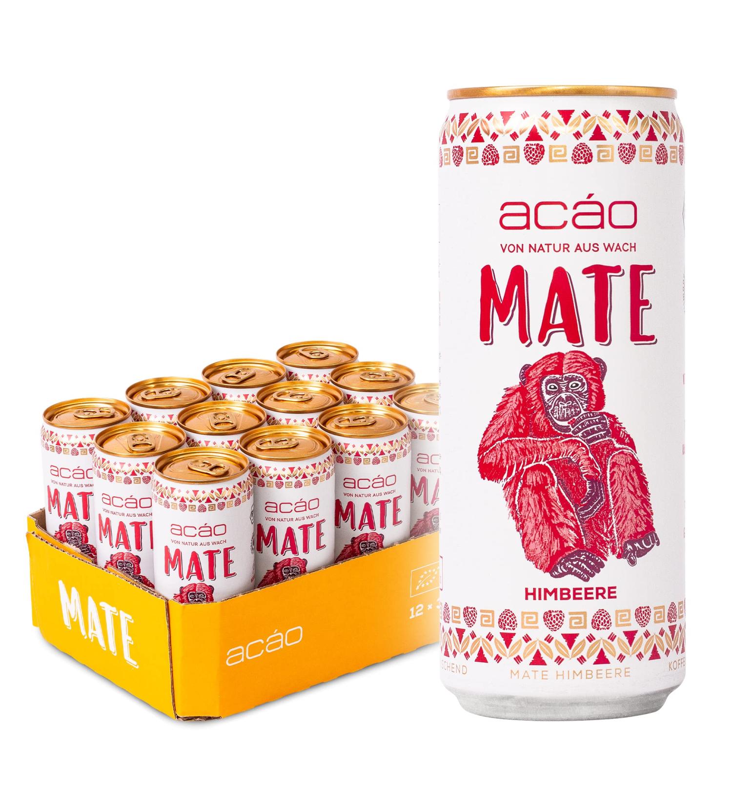 Ac o Bio Mate Raspberry - 12 x 330ml Cans | Low-Calorie Caffeinated Natural Energy Drink - Climate Neutral & Fruity Refreshment - Buy Online on GoSupps.com
