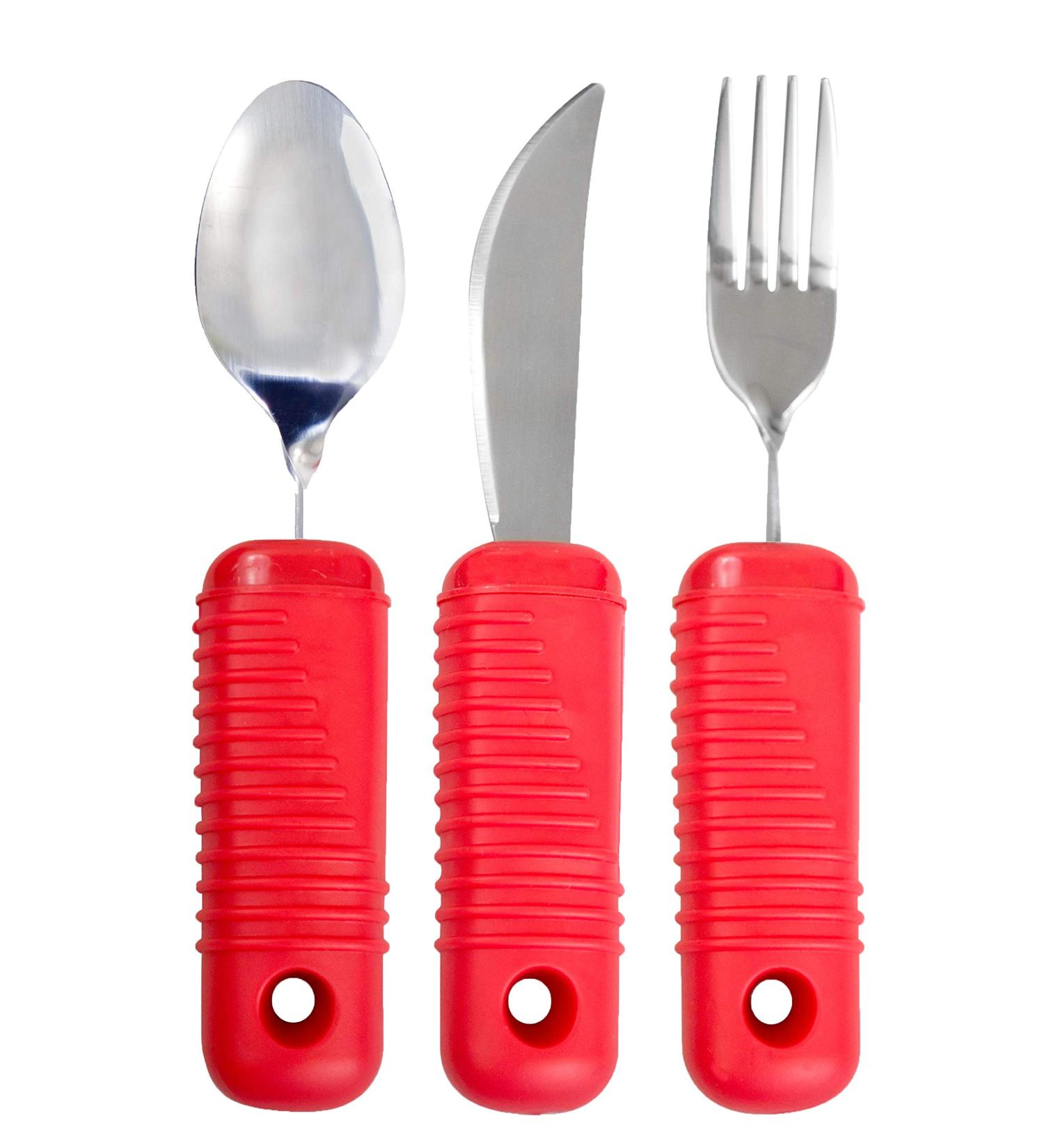 Bendable Red Flatware Set with Easy Grip Handles - 3 Piece Large Fork, Knife, and Spoon - Buy Online on GoSupps.com