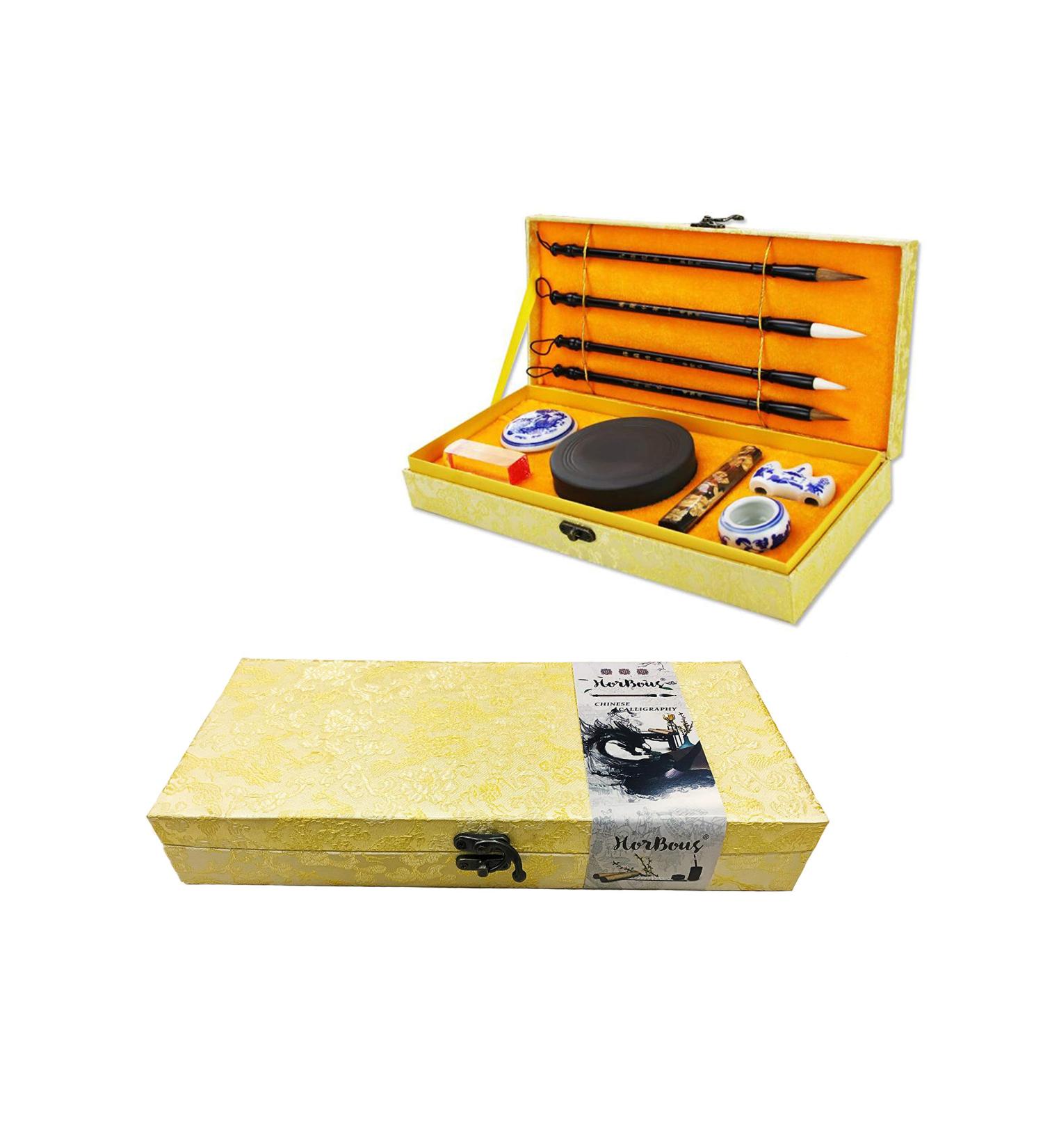 HorBous 10 PCS Chinese Calligraphy Set Inkstone + Writing and Painting Brush + Ink Block + Seal + Inkpad + Pen Rack + Water Bowl (Basic) - Buy Online on GoSupps.com