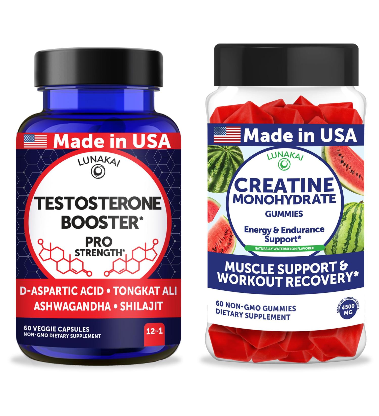 Lunakai USA Made Testosterone Booster Capsules + Creatine Monohydrate Gummies Bundle Non-GMO 60ct Each - Buy Online on GoSupps.com