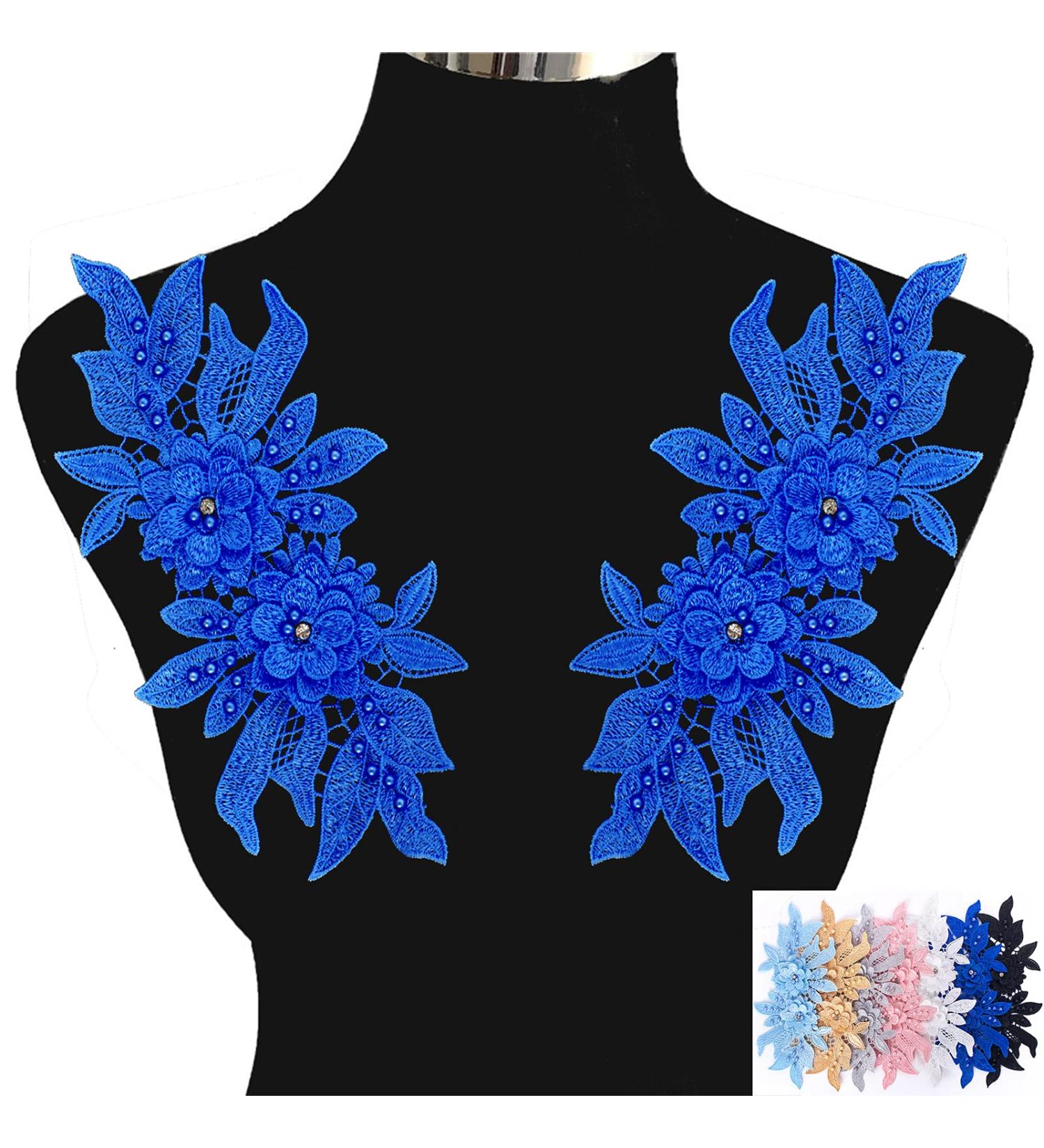 3D Dark Blue Lace Applique - Floral Beaded Rhinestone Trim for Wedding Dresses and Clothing - Buy Online on GoSupps.com