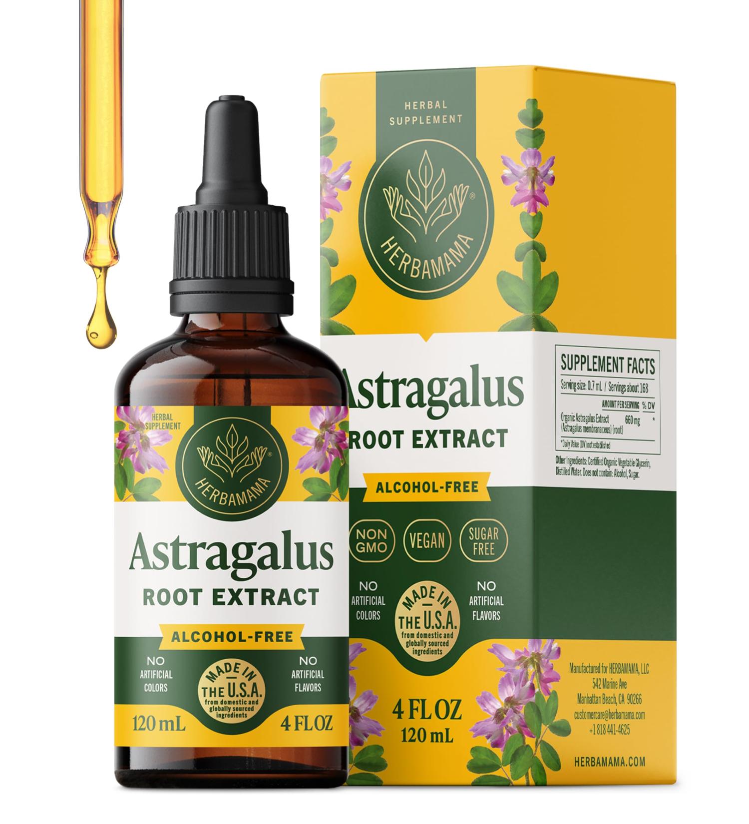 HERBAMAMA Astragalus Root Tincture - Vegan Immune Support with Astragalus Extract Drops - Non-GMO Alcohol & Sugar-Free Liquid Supplement 56-Day Supply 4 Fl Oz (Pack of 1) - Buy Online on GoSupps.com