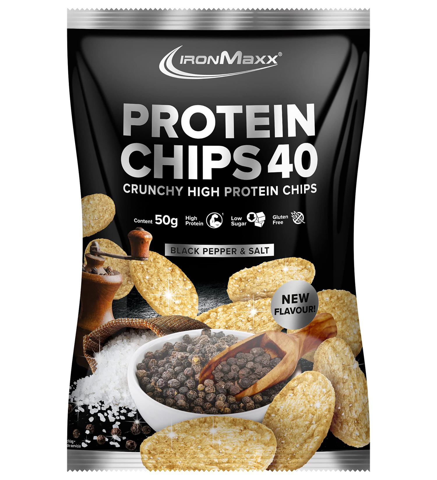 Ironmaxx Protein Chips 40 - Black Pepper & Salt | High Protein Low Carb Gluten-Free Snack | 50g | International Shipping Available - Buy Online on GoSupps.com