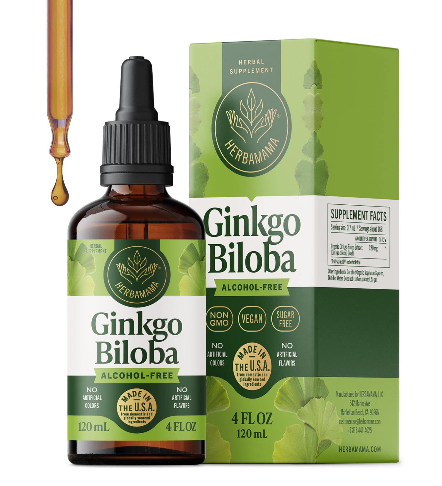 HERBAMAMA Ginkgo Biloba Tincture - Vegan Focus & Clarity with Ginkgo Biloba Extract - Non-GMO, Alcohol & Sugar-Free Brain Support Liquid Supplement, 84-Day Supply 4 Fl Oz (Pack of 1) - Buy Online on GoSupps.com