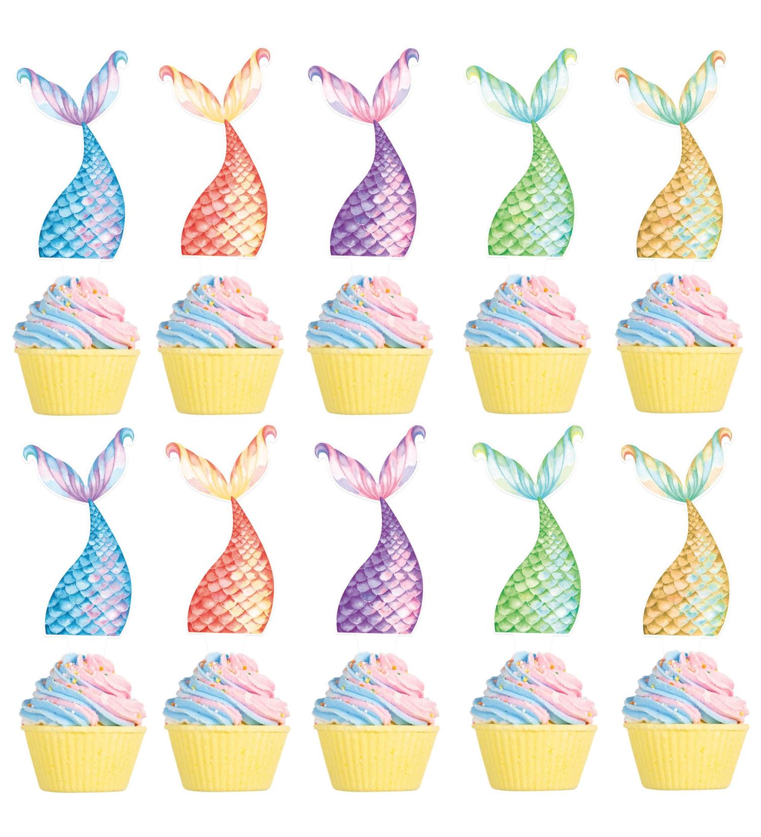Cyodoos 25Pcs Mermaid Tails Cupcake Toppers Mermaid Tail for Mermaid Party Decoration Baby Shower Party Supplies (two-sided) - Buy Online on GoSupps.com