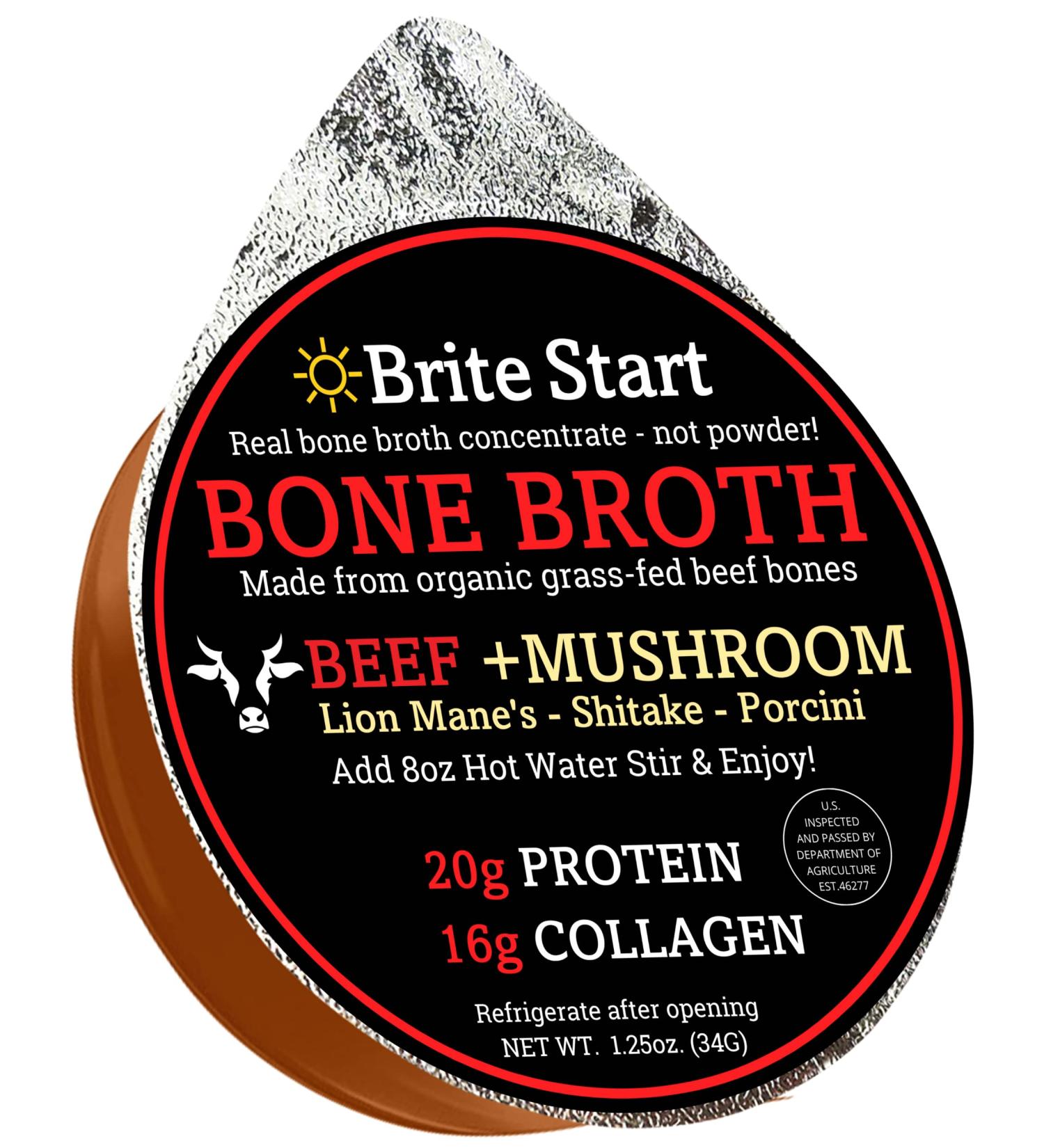 Brite Start Beef + Mushroom Bone Broth - 4 Pack Keto Friendly Concentrate - 16g Collagen 20g Protein - Grass Fed Beef Bones - Single Serve Packets 1.25oz - Buy Online on GoSupps.com