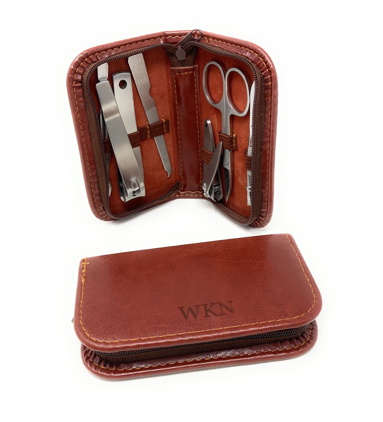 Personalised Male Travel Brown PU Leather Manicure Grooming Gift Set - Engraved Mens Gift - Buy Online on GoSupps.com
