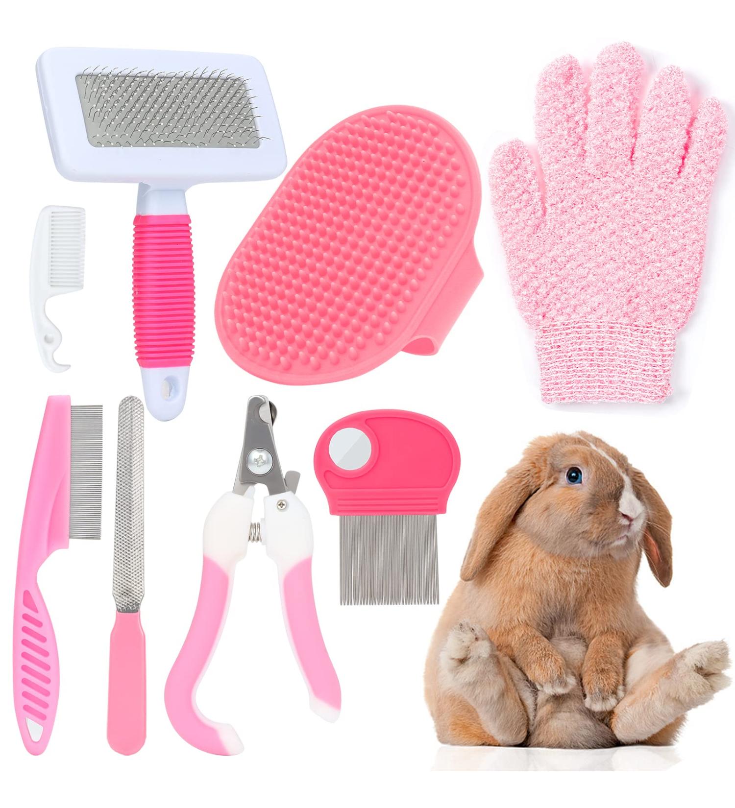 VCZONE 8-Piece Small Animal Pink Grooming Kit with Nail Clipper, Flea Comb, Shampoo Brush - Rabbit & Pet Care Set - Buy Online on GoSupps.com