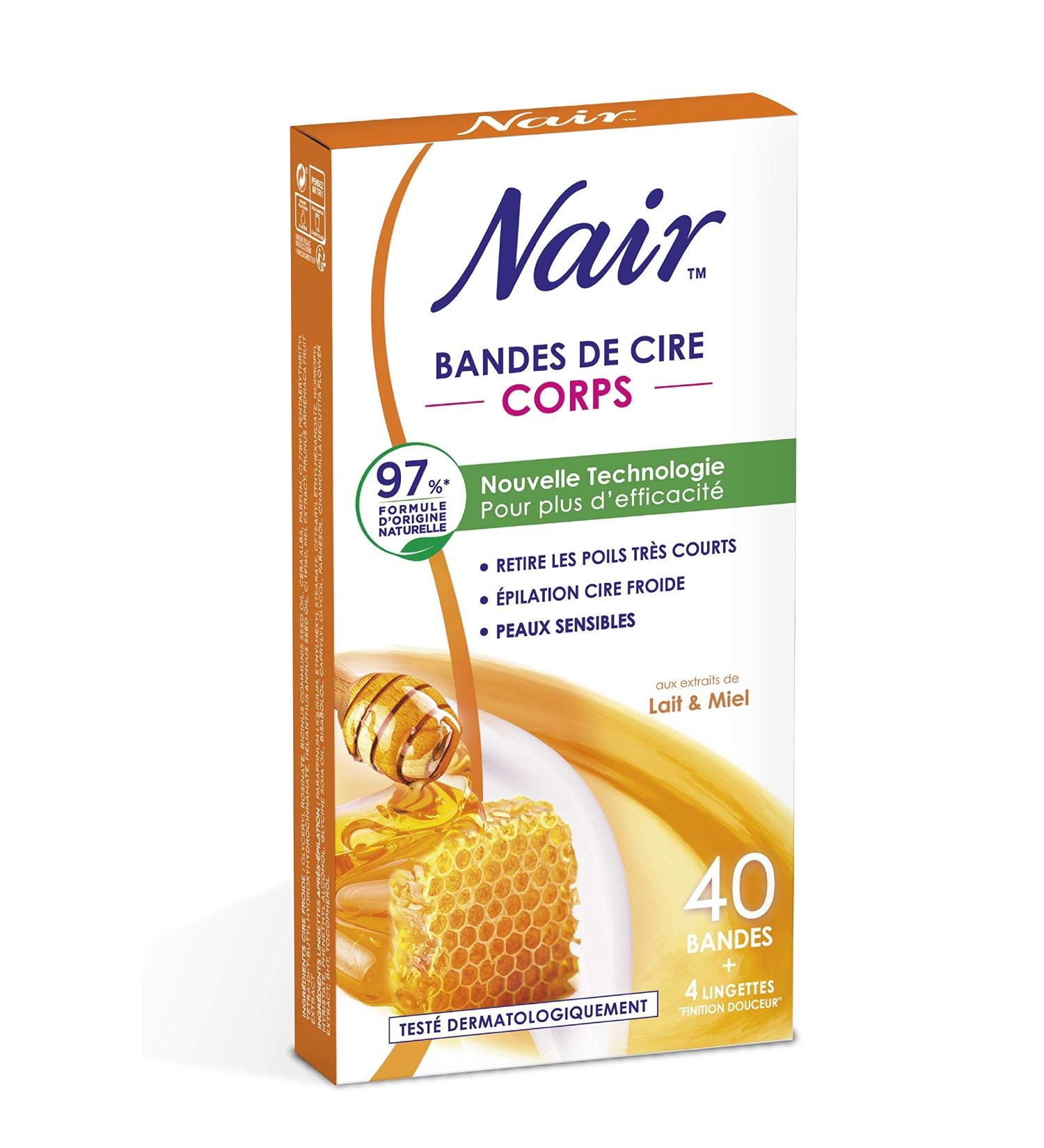 Nair - cold wax strips for the body with milk and honey extracts 97 % natural origin 40 stripes + 4 towels "gentle finish" milk and honey